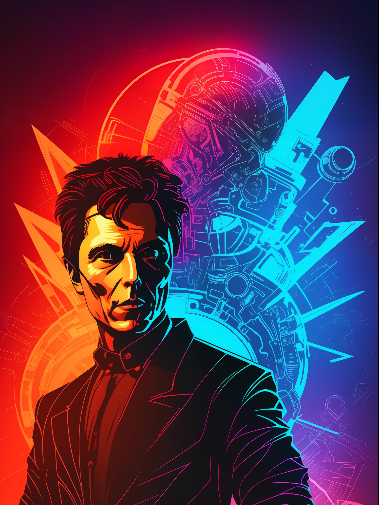 Nikolas Tesla, 2D t-shirt art, Cyberpunk, epic illustration, vector, 2d illustration, black background, very colorful, full gradient modern colors, Focused, front view
