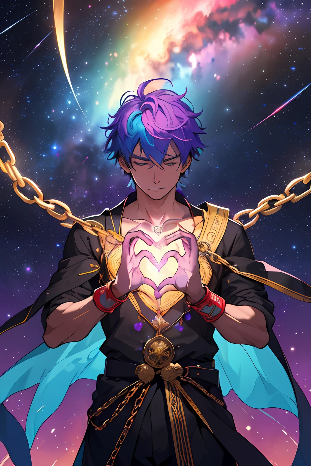 The image shows a central heart, brilhante e vibrante, com cores fortes e chamativas. The heart is surrounded by broken and scattered chains around it, symbolizing liberation and the breaking of emotional shackles. The chains are in pieces, representing freedom and the ability to extricate oneself from any emotional imprisonment or limitation.

The heart is the focal point of the image, com um brilho intenso e cores vibrantes, como vermelho intenso, bright pink and even shades of purple or electric blue. Ele irradia uma energia de amor e liberdade, filling the image with his powerful presence.

The background of the image is an explosion of vibrant colors, like a rainbow across the cosmos. Tons de laranja, amarelo, verde, blue and purple blend dynamically and ethereally. The galaxy in the background is teeming with twinkling stars, Creating a magical and enchanting effect.

This image conveys the message of liberation and attraction of positive and exciting experiences through the Law of Attraction. The bright heart and broken chains represent the ability to free yourself from any negativity and limitation, permitindo que o amor e a felicidade fluam livremente. The vibrant colors and cosmic background symbolize the vast array of possibilities and joys that can be drawn when we free ourselves from our emotional chains.
