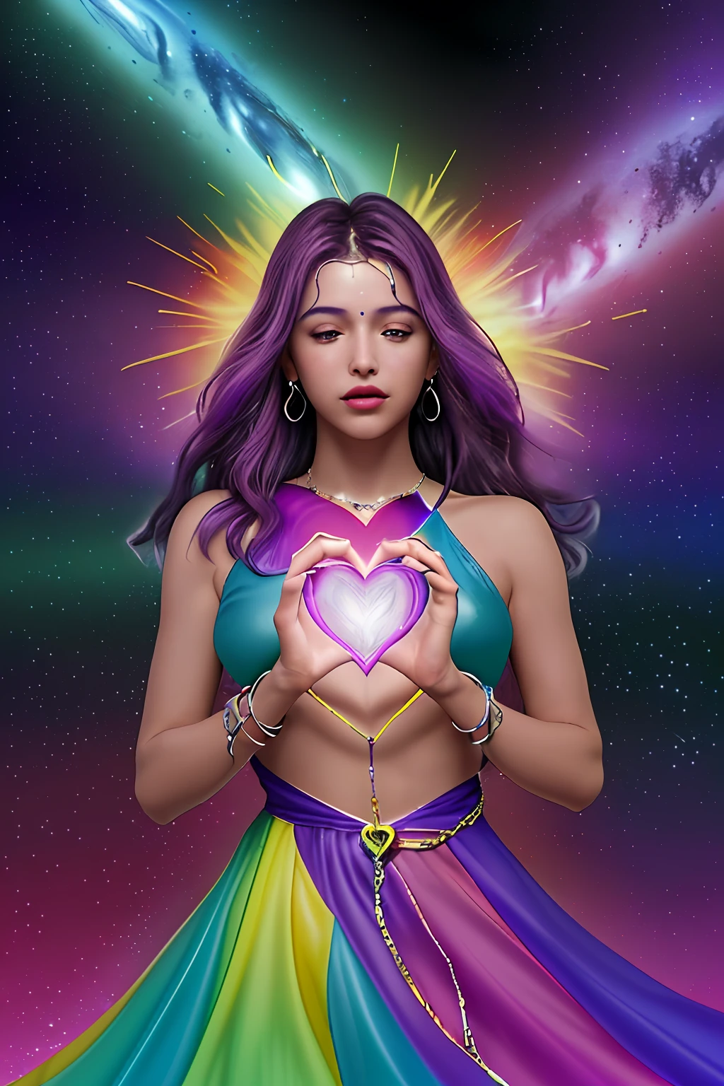 The image shows a central heart, brilhante e vibrante, com cores fortes e chamativas. The heart is surrounded by broken and scattered chains around it, symbolizing liberation and the breaking of emotional shackles. The chains are in pieces, representing freedom and the ability to extricate oneself from any emotional imprisonment or limitation.

The heart is the focal point of the image, com um brilho intenso e cores vibrantes, como vermelho intenso, bright pink and even shades of purple or electric blue. Ele irradia uma energia de amor e liberdade, filling the image with his powerful presence.

The background of the image is an explosion of vibrant colors, like a rainbow across the cosmos. Tons de laranja, amarelo, verde, blue and purple blend dynamically and ethereally. The galaxy in the background is teeming with twinkling stars, Creating a magical and enchanting effect.

This image conveys the message of liberation and attraction of positive and exciting experiences through the Law of Attraction. The bright heart and broken chains represent the ability to free yourself from any negativity and limitation, permitindo que o amor e a felicidade fluam livremente. The vibrant colors and cosmic background symbolize the vast array of possibilities and joys that can be drawn when we break free of our chains.