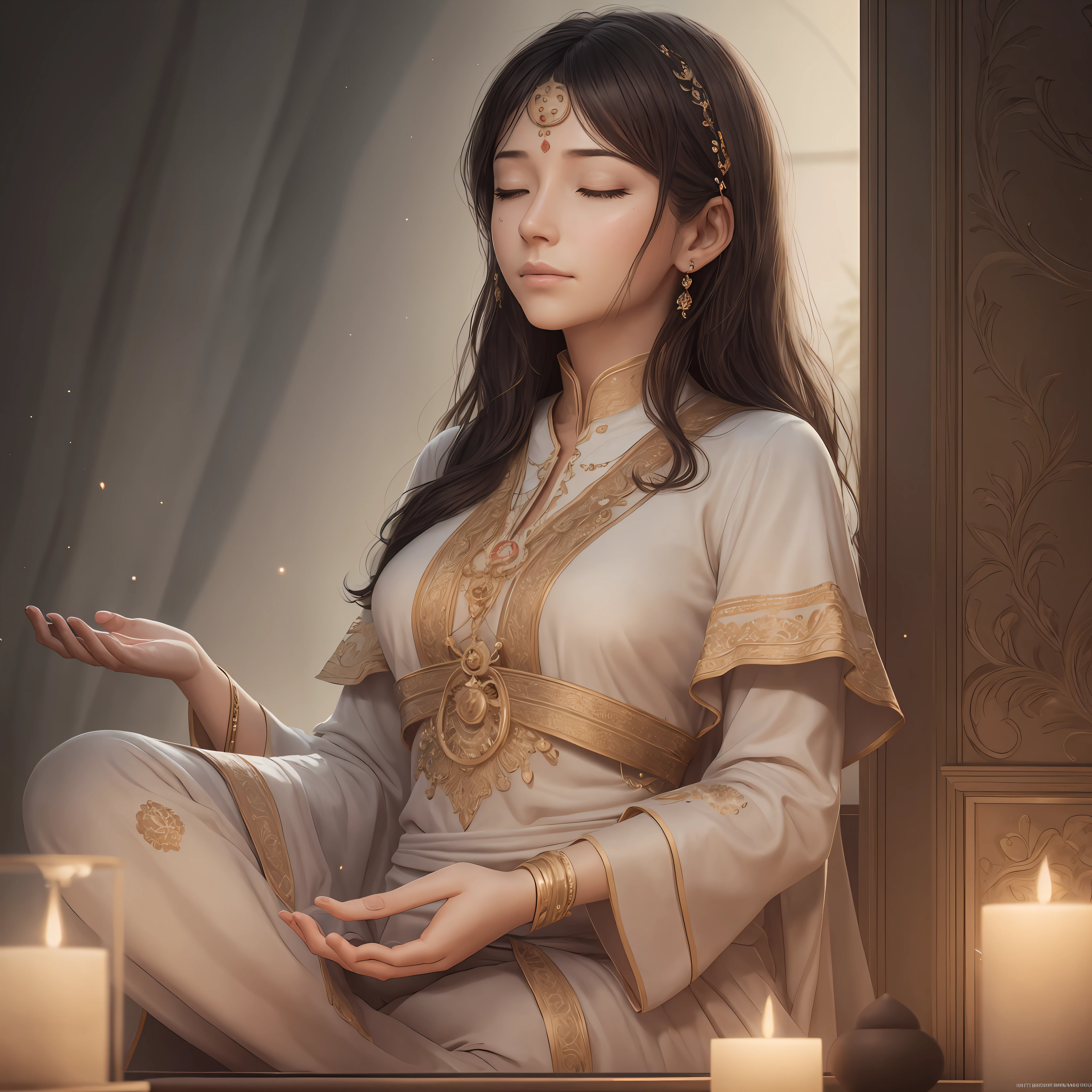 (((Meditating))) Real woman, meditating, both hands in medication posture, relaxing, (detailed facial features), intricate detailed background, dreamy, trend in artstation, UHD, 8k, atmosphere, luminosity, front lighting, --auto --s2