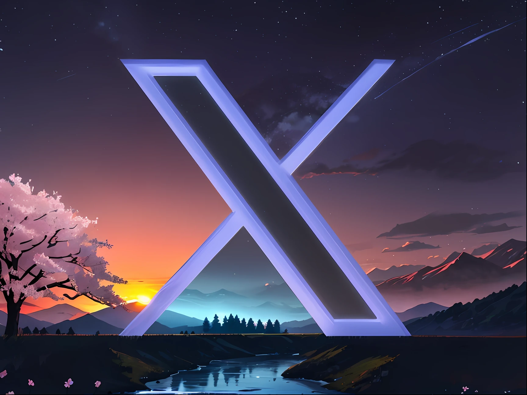 a big X in the landscape, x twitter, deep forest, distant mountains,2D style, bright, vibrant, Cherry blossoms cover the mountainside, and in the distance a sunrise can be seen, A small stream winds its way, and on the bank there are several narcissus flowers, Sunrise