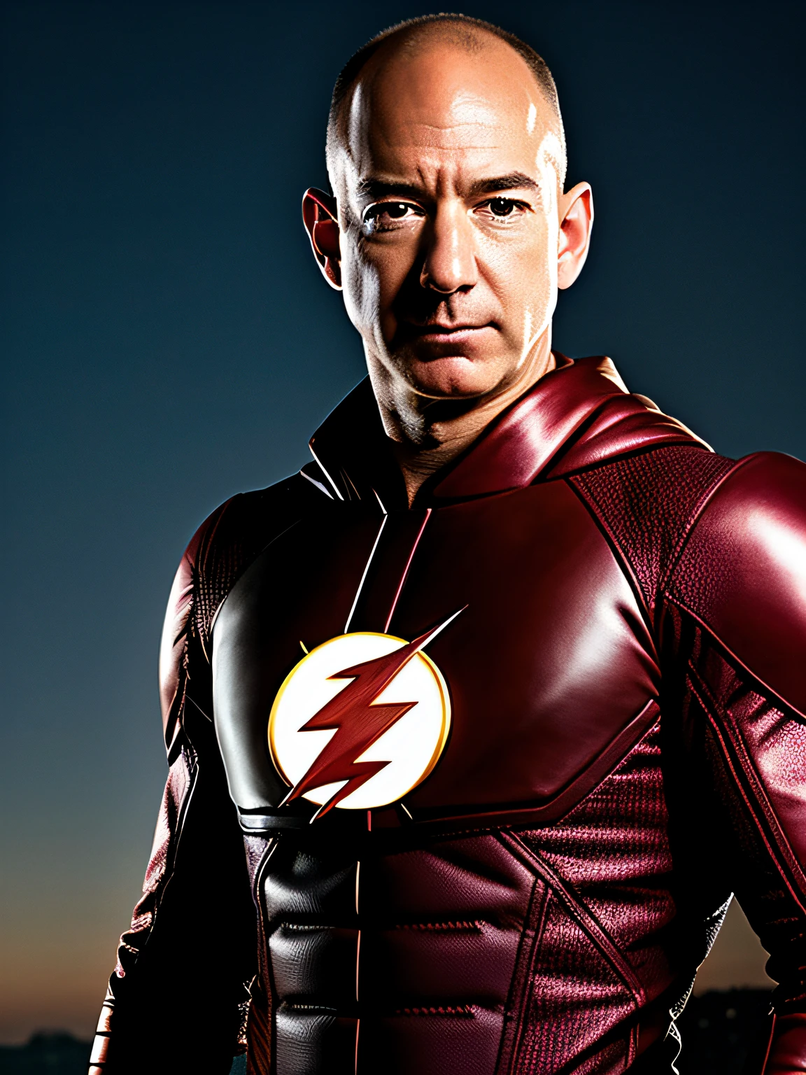 Foto RAW, A portrait photo of the brutal 45-year-old [Jeff Bezos] como el flash, iluminando alrededor de su cuerpo, posando, hero, ciudad de fondo en ruinas (piel con alto nivel de detalle: 1.2), 8k uhd, dslr, soft illuminaotion , alta calidad, movie grain, Fujifilm XT3