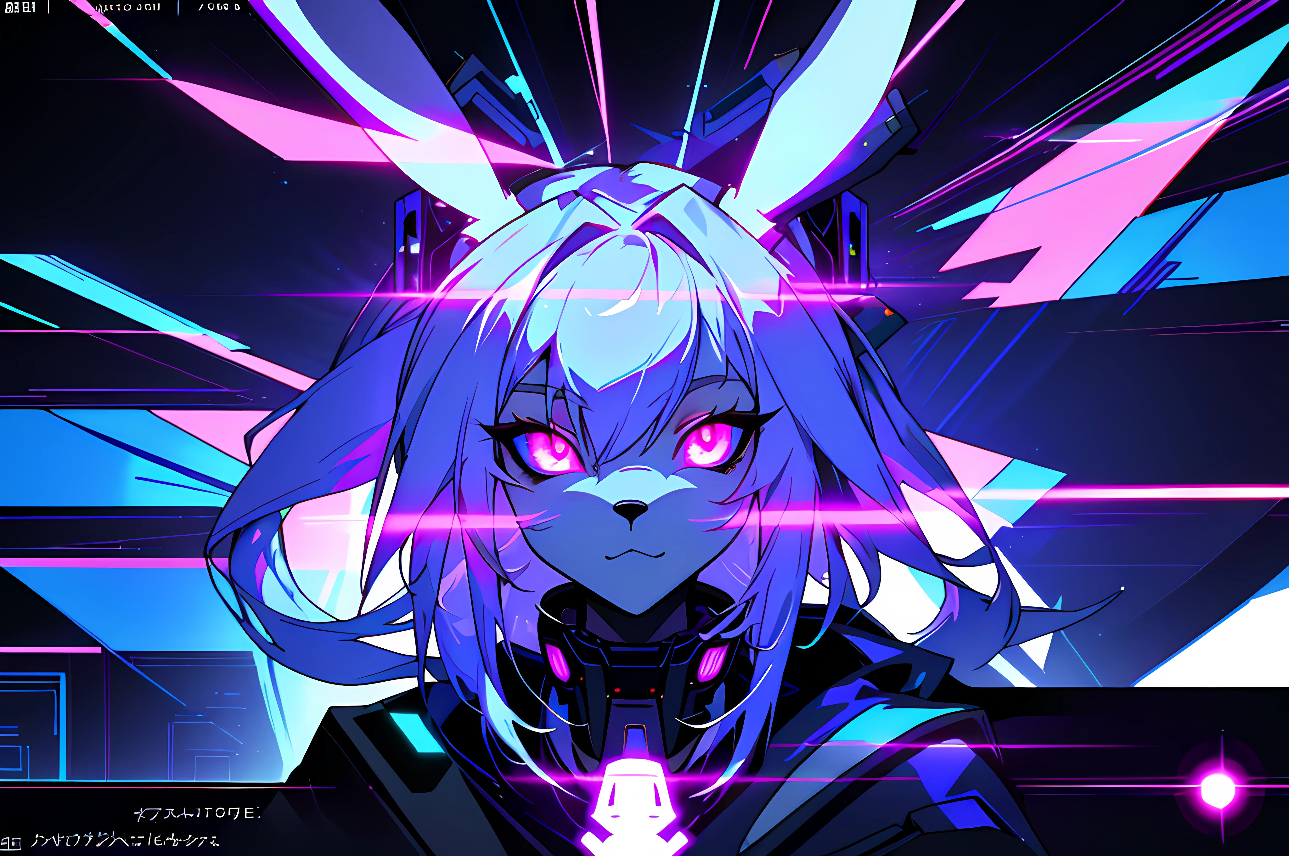 (vintage vhs), (crt screenshot), (Zen, Amy Sol style), a blue anthro furry kemono rabbit, (vast decrepit scenery:1.2) blame! style, furry azure blue bunny rabbit in a purple shirt with a black background, cute intense bunny, blue anthropomorphic bunny rabbit, with glowing eyes, anthro portrait, head-on portrait, nightmarish illustration, glowing eyes everywhere, intense eye contact, hybrid human / anthro, electrixbunny, rabbit anthro portrait, ((portrait)), bunnypunk, weirdcore voidpunk fursona, wearing bunny ears, cover art with light abstraction, abstract, simple vector art, contemporary Cybernetic art, color gradients, soft color palettes, layered forms, whimsical animation, style Ethereal abstract, 4K, --v6