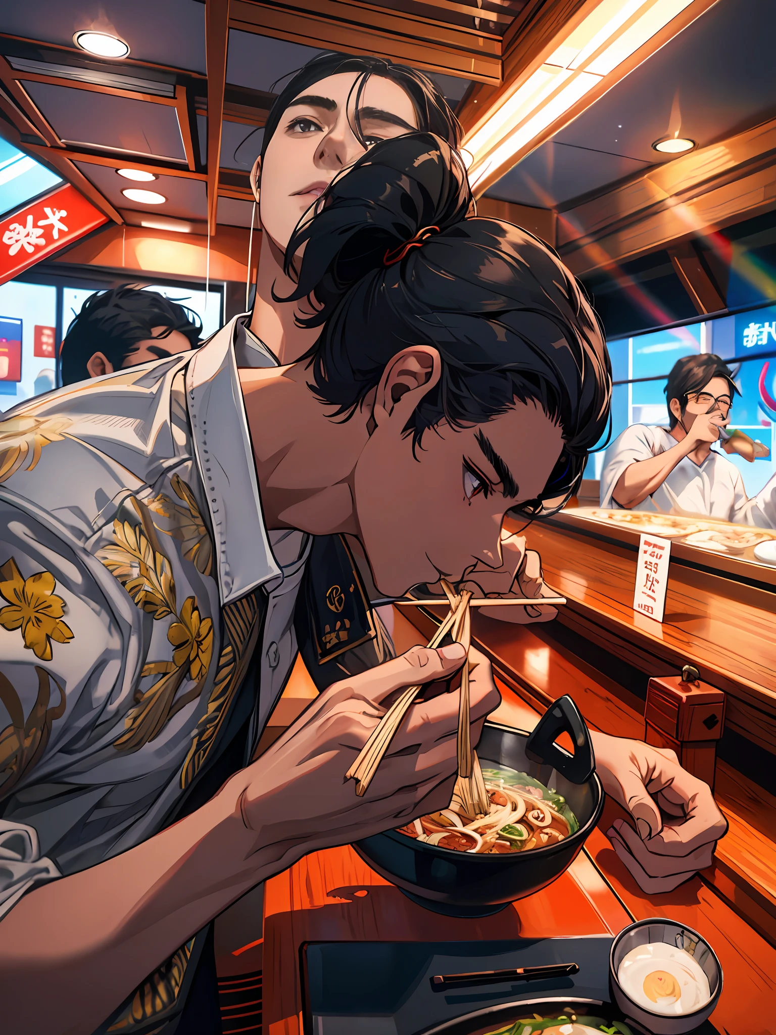 ultra qualidade, super high res, melhor qualidade de imagem, mais alta qualidade, alta resolução, Ultra resolution, melhores texturas, Texturas realistas, 8k, 4k, better lighting, 16k, sorrindo, 1 boy, comendo lamem, hashi, pegando lamen com hashi, pegando ramen com hashi, homem moreno, homem bonito, oculos.