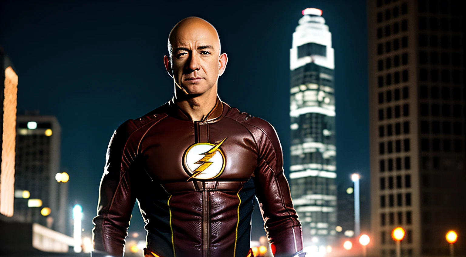 Foto RAW, A portrait photo of the brutal 45-year-old [Jeff Bezos] como el flash, iluminando alrededor de su cuerpo, posando, hero, ciudad de fondo en ruinas (piel con alto nivel de detalle: 1.2), 8k uhd, dslr, soft illuminaotion , alta calidad, movie grain, Fujifilm XT3