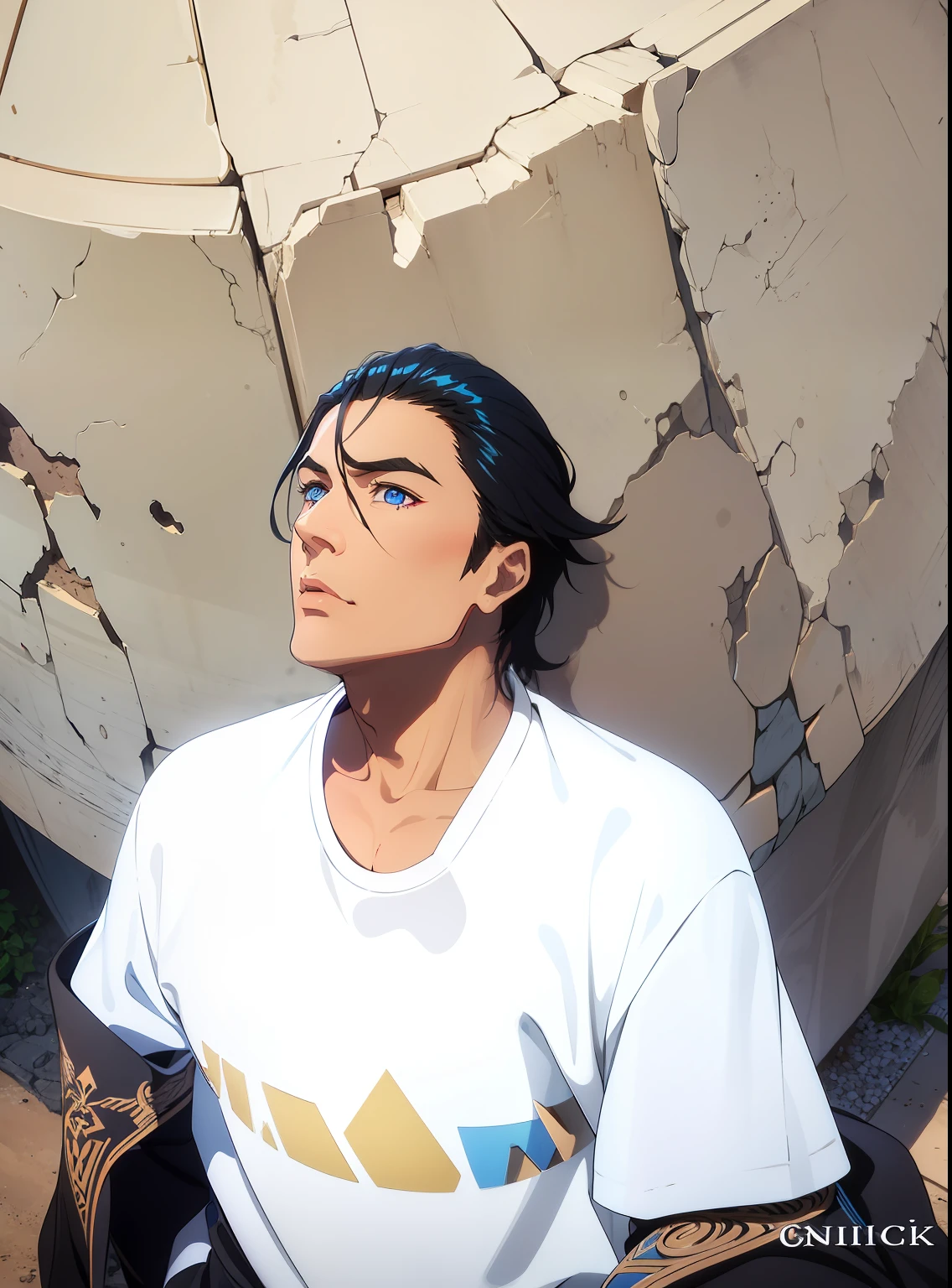 Man black hair , fair skin blue eyes , realistic , ultra , close face