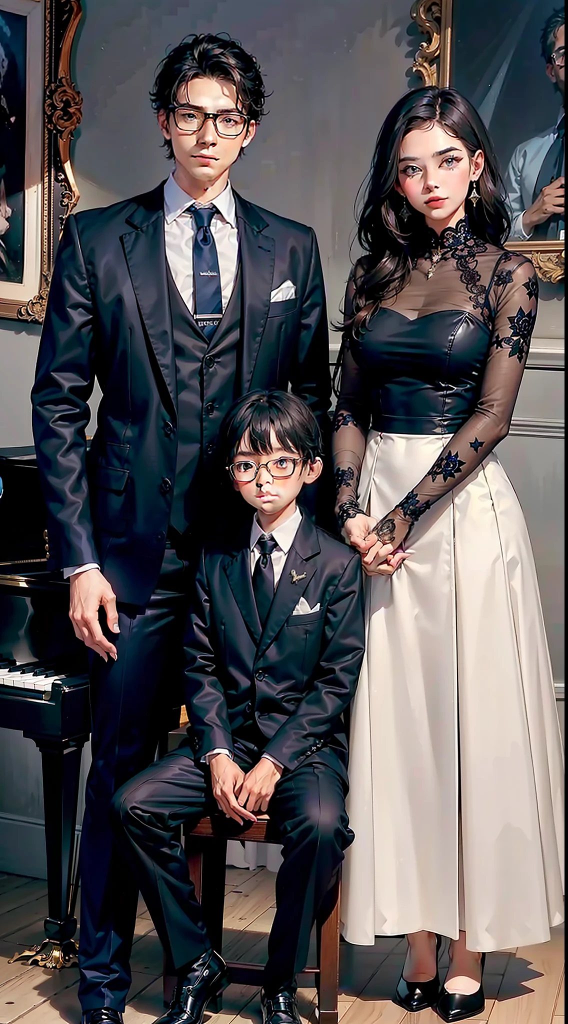a pretty couple are posing for a picture beside a piano, the girl is wearing a navy long sleeved dress and wearing glasses, the girl is tall and slim with long wavy brown hair, the girl is sitting on a piano bench, the boy is wearing a dark navy blazer and blue shirt underneath, the boy is standing beside the girl and placed his left hand on the piano, the boy is not wearing glasses and has short black hair, portrait of two people