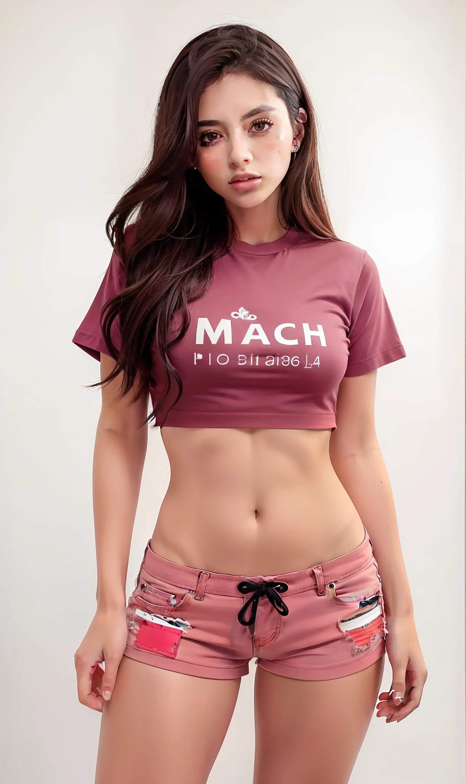 mulher em uma camisa rosa e shorts rosa, camisa lisa, camisa rosa lisa , retrato frontal, foto altamente realista, inspirado em Elke Vogelsang, muito na moda, roupas esportivas fofas, foto de retrato, foto realista, Directed by: Eva Švankmajerová, she is wearing streetwear, imagem oficial do produto, graphic print, altamente realista