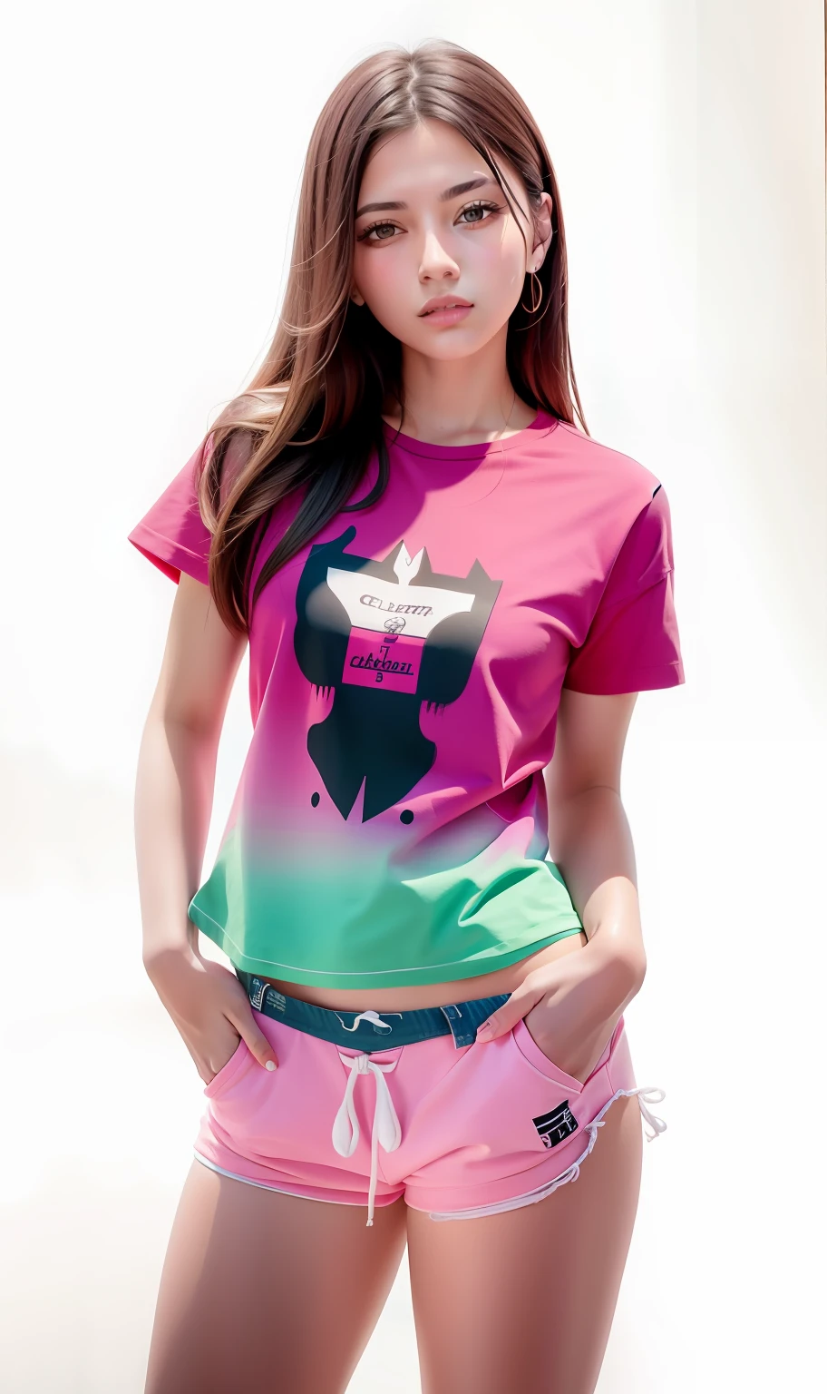mulher em uma camisa rosa e shorts rosa, arte minima da camiseta, Tees logo minimal detail , retrato frontal, foto altamente realista, inspirado em Elke Vogelsang, muito na moda, roupas esportivas fofas, foto de retrato, foto realista, Directed by: Eva Švankmajerová, she is wearing streetwear, imagem oficial do produto, graphic print, altamente realista