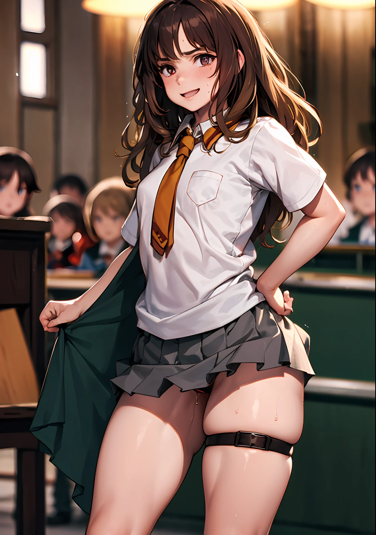 Masterpiece, hiquality, 15 years, 1girl, child, 独奏, Hermione Granger, Shirt, panty, Highly Detailed Beautiful Face and Eyes, Beautiful skin, anatomically correct smile, thigh strap, Walking, Classroom, Sun light, thights, elastic ass, wide thighs, Athletic hips, Erotica, trembling, the sweat, Excited, view from bottom, From Bottom