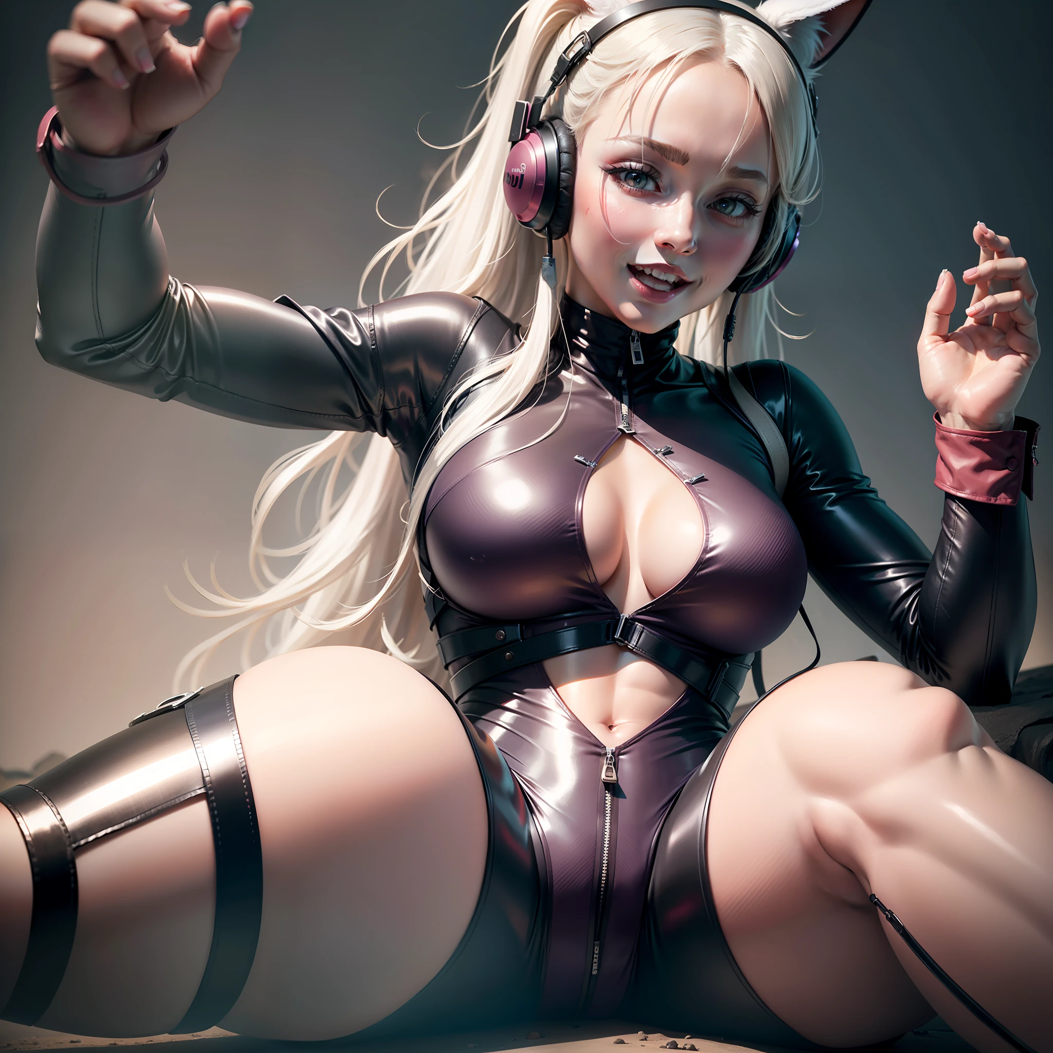 (RAW photo, best quality, masterpiece:1.2), (realistic, photo-realistic:1.4),1girl, solo, :d, animal ear headphones, animal ears, arms up, bangs, blush, bodysuit, breasts, bunny pose, clothes writing, covered navel, cowboy shot, cropped jacket, fake animal ears, gloves, grey background, hair intakes, headphones, impossible bodysuit, impossible clothes, jacket, large breasts, latex, latex bodysuit, long hair, long sleeves, looking at viewer, medium breasts, multicolored gloves, open mouth, pink bodysuit, pink eyes, red eyes, red jacket, shiny clothes, shrug \(clothing\), sidelocks, simple background, skin tight, smile, solo, thigh gap, thighs, twintails, very long hair, white gloves, white hair,alice \(nikke\),(masterpiece:1.4),(best quality:1.4),(shiny skin),realistic,