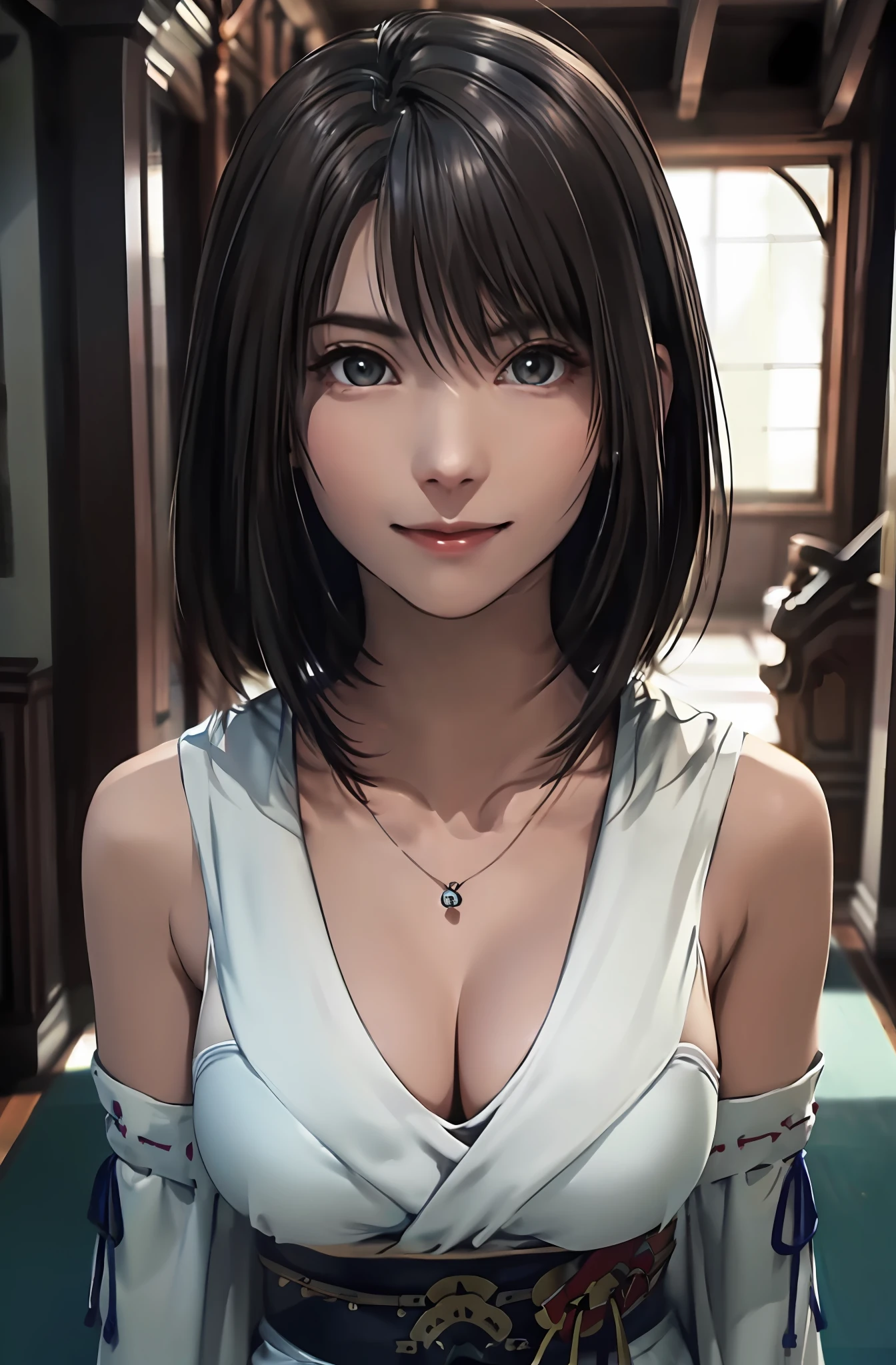 Fine-grained skin、Sharp Focus、(lighting like a movie)、Soft lighting、dynamic ungle、(Face Details:1.2)、large full breasts、(Photorealsitic)、(Raw photography、top-quality、masterpiece:1.2)、The ultra-detailliert、超A high resolution、(Realistic and realistic photos:1.37)、portlate、high-definition RAW color photography、professional photograpy、extremely delicate and beautiful、ighly detailed、8K Picture Wallpaper、astonishing、finely detail、huge filesize、beatiful detailed eyes、二重まぶた、Dynamic lighting、very detailed beautiful girls、、1 girl in、(18year old:1.2)、Realistic body、小柄、fair white skin、shinny skin、Good figure、Natural face、(embarrassed from、full of shyness、A smile:1.2)、、Look at viewers:1.2、(Recumbent position、sface focus、cowboy shot:1.2)、(dynamicposes:1.2) 、1girl in, 独奏, jewely, Detached sleeve, a necklace, blue-beaded earring, Hakama Skirt Pot、 超A high resolution、a picture、Photorealsitic、ighly detailed、A detailed face、Cute Woman Solo、the royal palace、 medium breasts、(masterpiece、hightquality)、looking at the viewers、gorgeous goddess、bob cuts、 Charming and、Charming and、dream-like、Royal cloak、((thick bangs))、cross-legs sitting、((Beautiful skin))、(sexy pose)