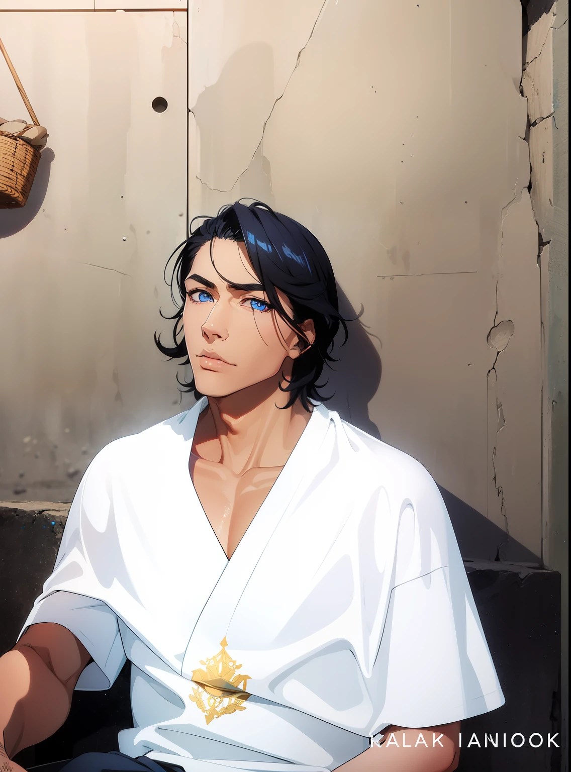 Man black hair , fair skin blue eyes , realistic , ultra , close face