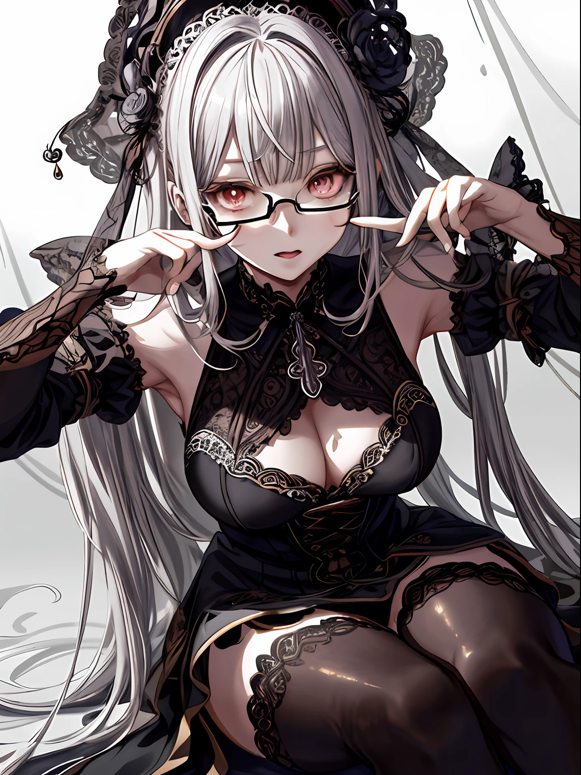 Huza、medium breasts、droolng、エロ、thighs thighs thighs thighs、Open 、Thigh Focus、maid、Cross-eyed、Stranger、View other people、Blunt bangs、Sitting,hand between legs, Glasses, over-kneehighs,Ahegao , Silly,Sexual ecstasy,Drunken eyes,Blunt bangs, Silver-haired,(masutepiece:1.2, Best Quality), (finely detailed beautiful eye: 1.2), (Detailed background,Dark Fantasy), (beautifull detailed face), High contrast, (Best Illumination, extremely delicate and beautiful), ((Cinematic Light)), Colorful, Hyper Detail, Dramatic light, Intricate details,