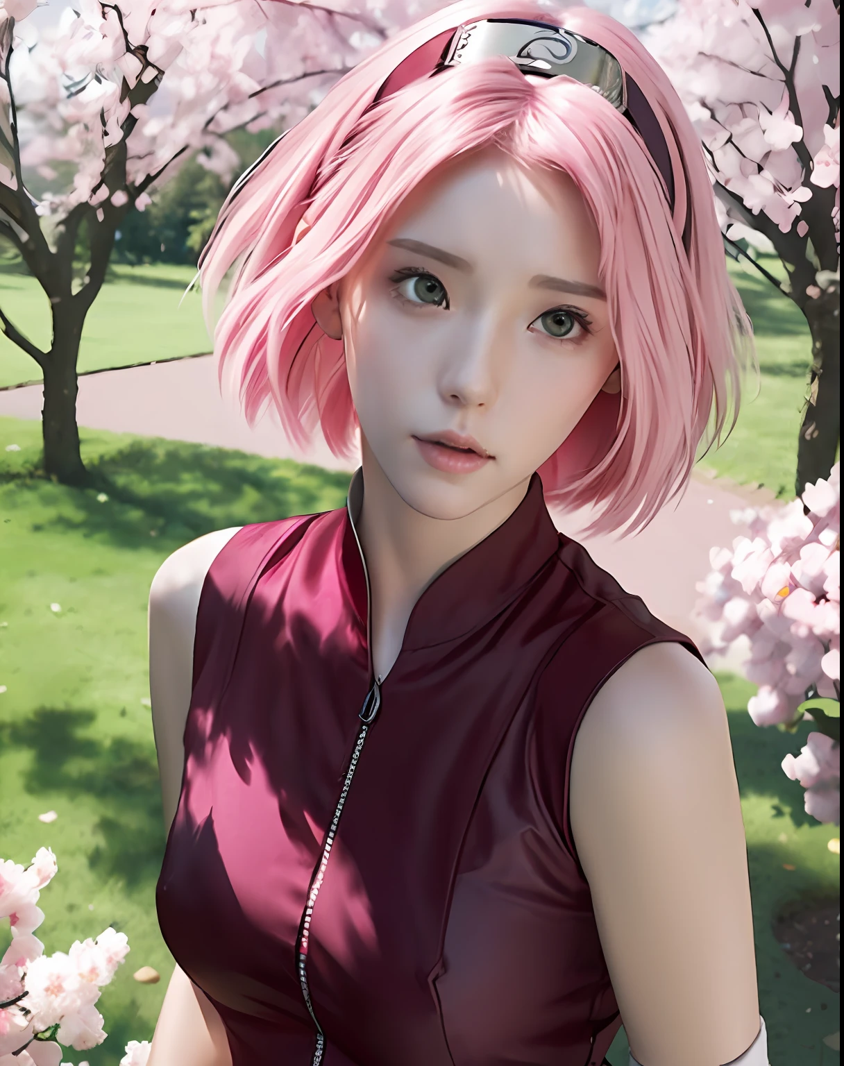 haruno sakura, naruto \(series\), naruto shippuuden, anime art style, masterpiece, red shirt, shirt, short hair, sleeveless, sleeveless shirt, forehead protector, hairband, konohagakure symbol on hairband, 1girl, solo, bangs, breasts, closed mouth, elbow sleeve, eyes visible through hair, floating hair, foreshortening, green eyes, hair intakes, parted bangs, pink hair, small breasts, v-shaped eyebrows, detailed background, outdoor, cherry blossoms, sky, (ultra detailed), (8k, intricate), (85mm), light particles, lighting, full body, (highly detailed:1.2), breast focus, (gradients), sfw, colorful, (detailed background), (rule of third_composition:1.3), (Line of action:1.2), daylight, solo