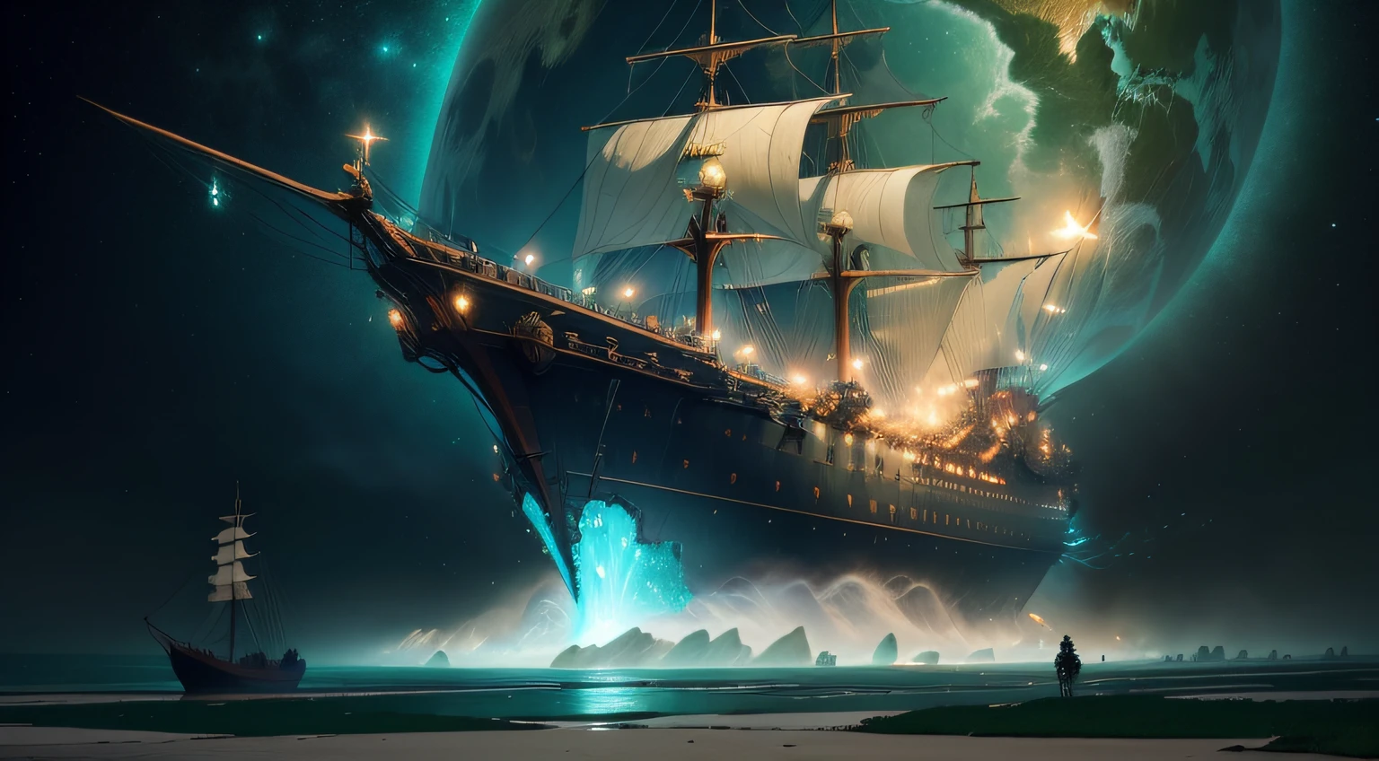 nave interestelar, criaturas gigantes na terra, cores azuis e verdes, relogio