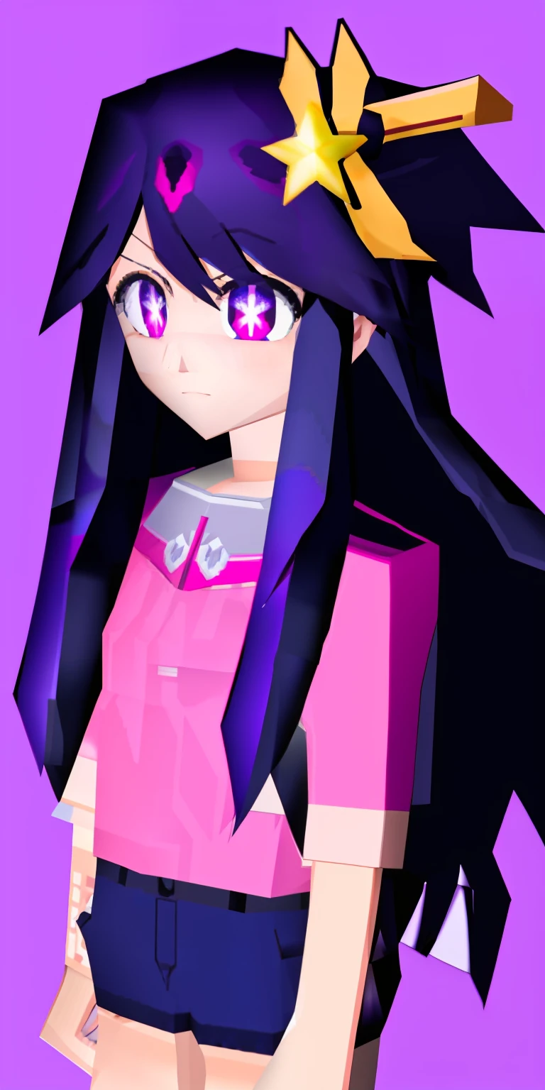 n64-lowpoly style Hoshino Ai, long hair, purple hair, streaked hair ,purple eyes, star-shaped pupils, hair ornament,