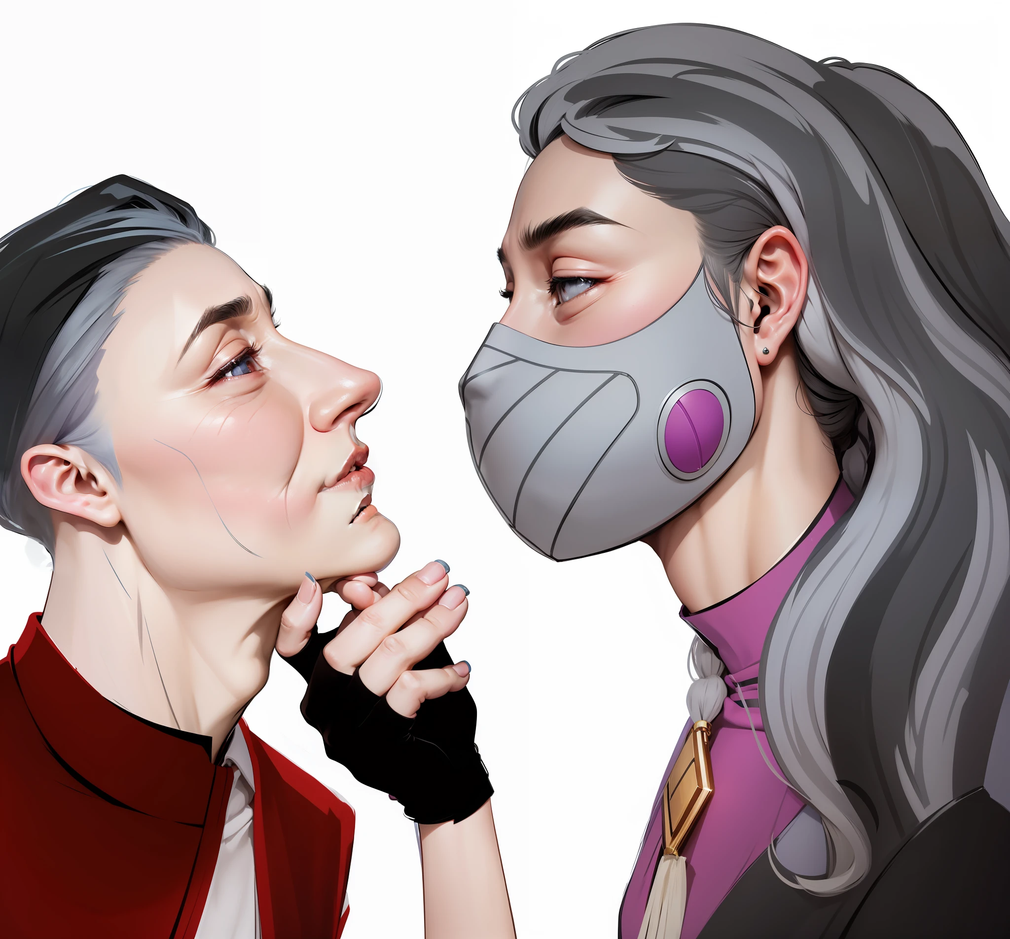 A woman with gray hair holds an elderly man with shaved temples by the chin, detailing, 真实感, wrinkles,