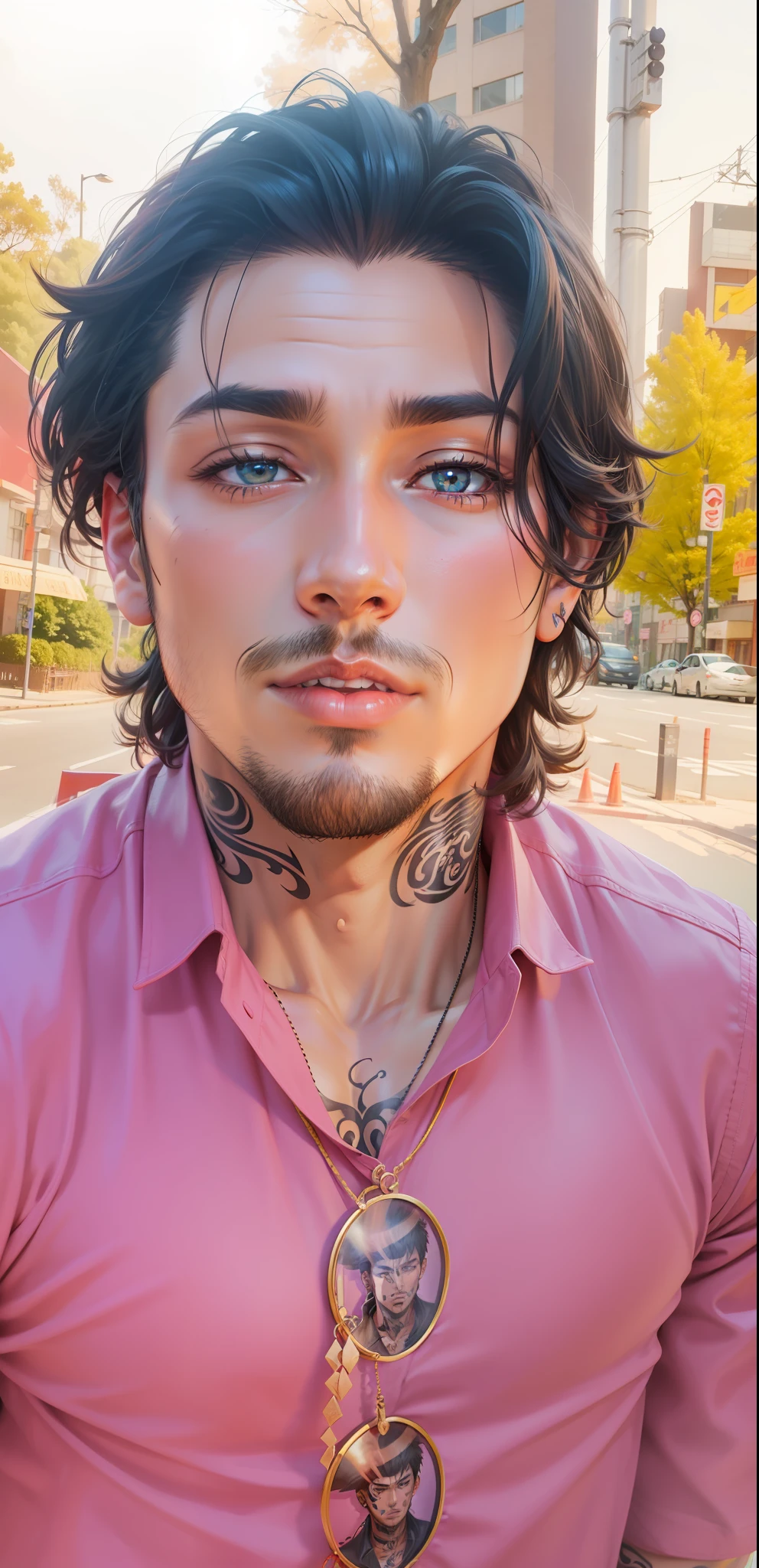 create anime, male, realistic, tattoo on, dark background