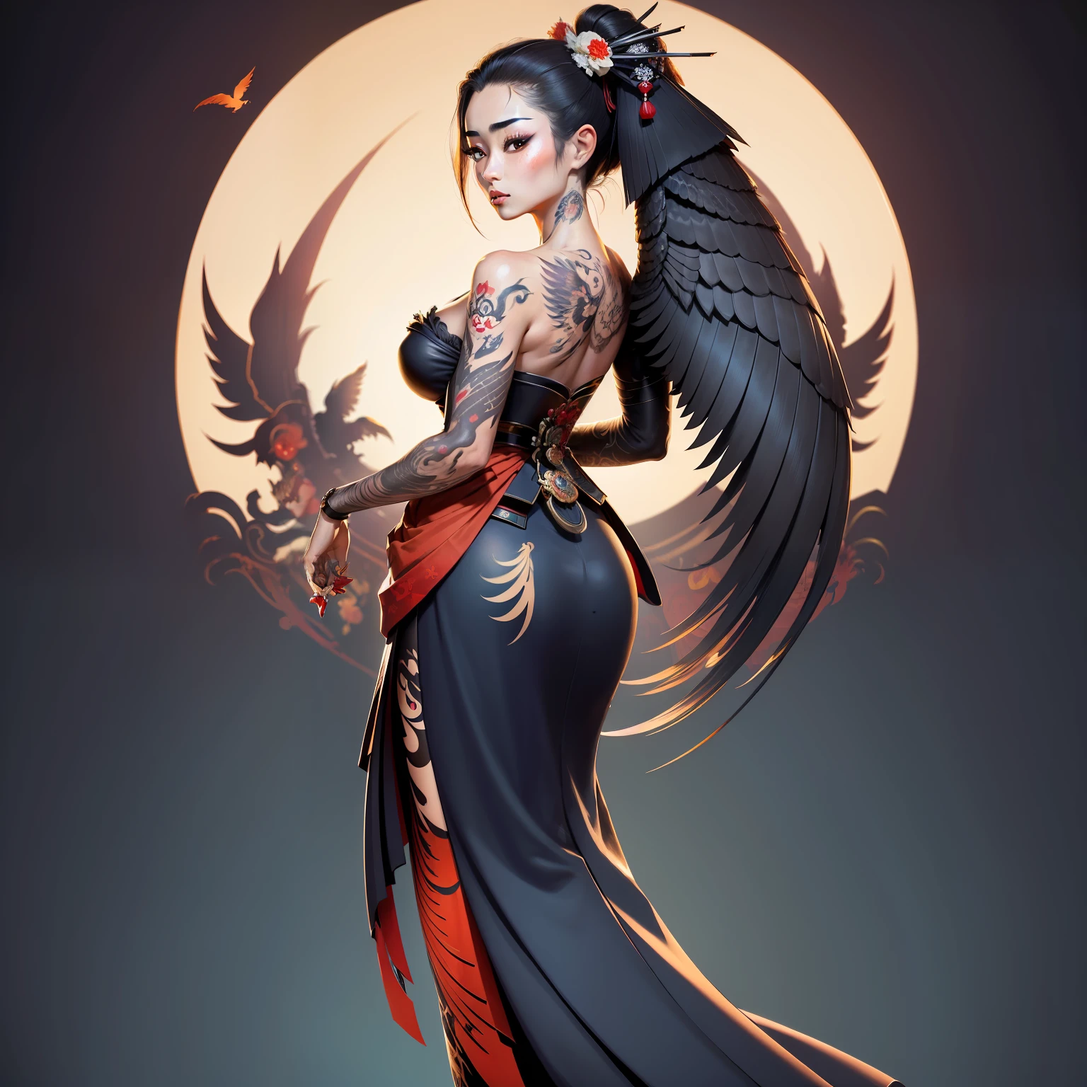 (masterpiece, top quality, best quality, official art, beautiful and aesthetic:1.2),
a bird and a woman, beautiful woman, hone onna skeleton geisha, with geisha tattoo, yakuza tattoo on body,
oriental tattoos, highly detailed tattoo, tattoo art, full body tattoo, full -
body tattoos, highly detailed full-body art, female face skull phoenix bird