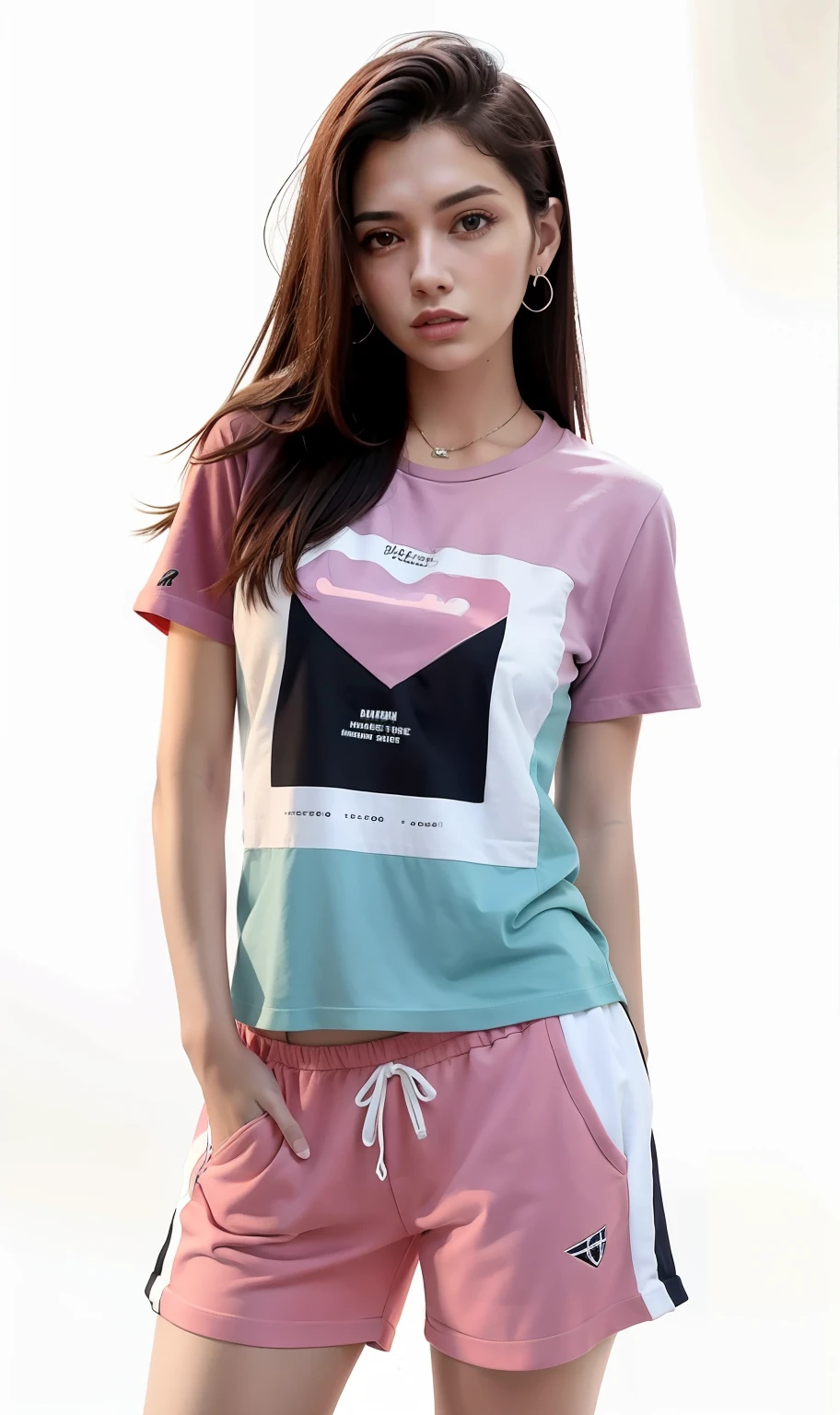 mulher em uma camisa rosa e shorts rosa, arte minima da camiseta, Tees logo minimal detail , retrato frontal, foto altamente realista, inspirado em Elke Vogelsang, muito na moda, roupas esportivas fofas, foto de retrato, foto realista, Directed by: Eva Švankmajerová, she is wearing streetwear, imagem oficial do produto, graphic print, altamente realista