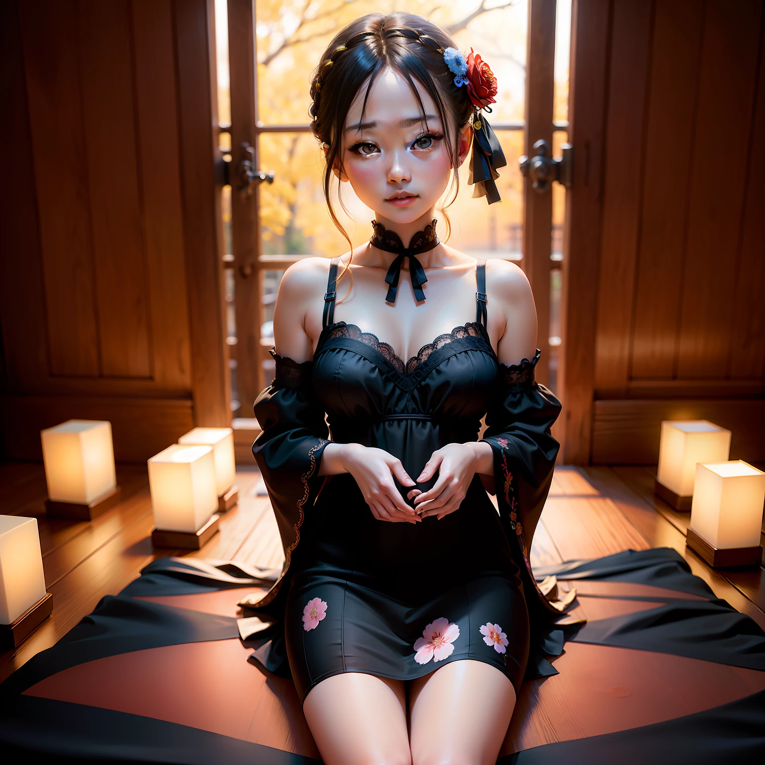 top-quality、​masterpiece、超A high resolution、(Photo Real:1.4)、1 girl in、looking at the viewers、Black floral lingerie、Japan OL、very extremely beautiful、kawaii、cinematic、35mm lens、f / 1。8、AccentLighting、8K、Company Rooms
