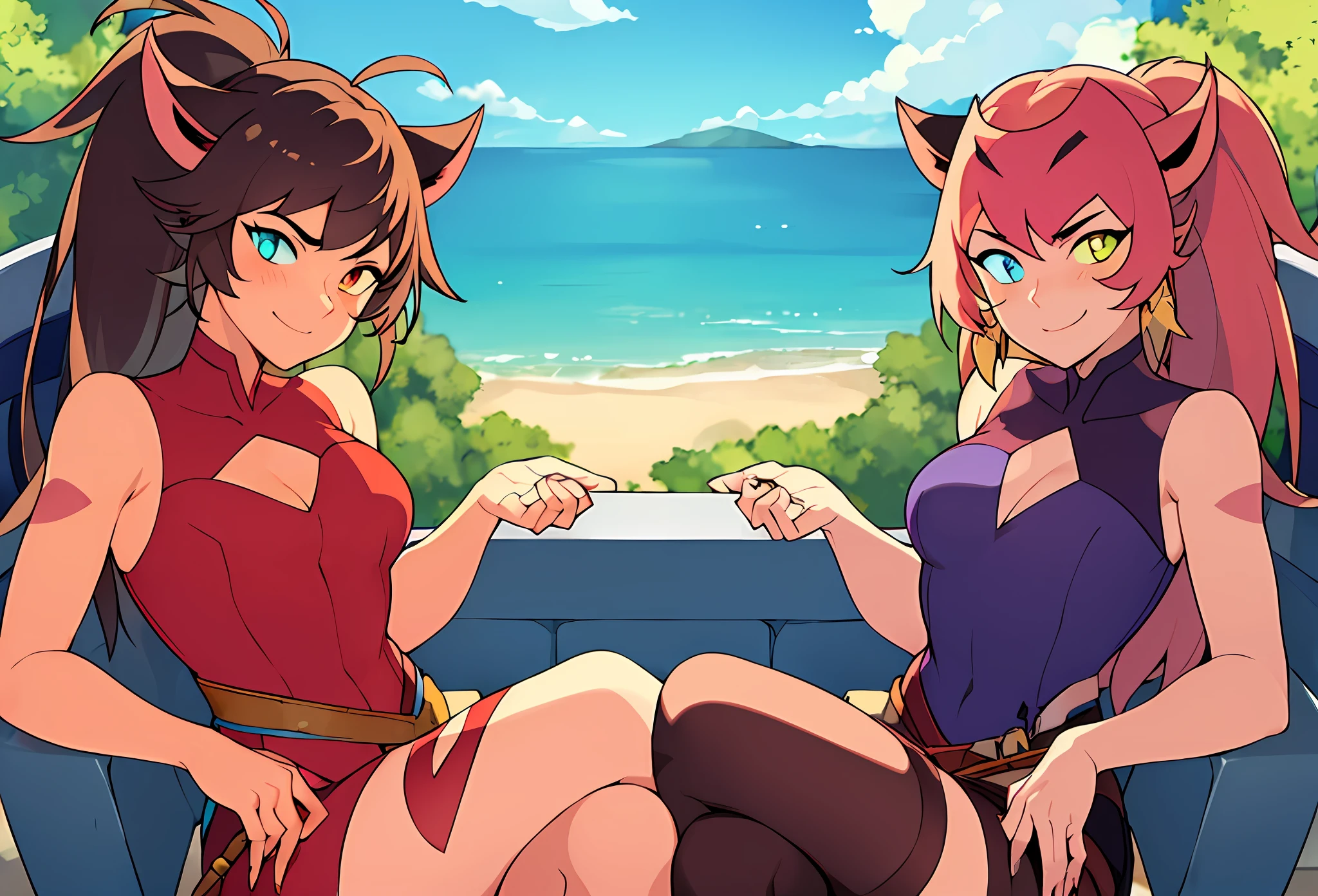 (masterpiece, best quality:1.2), cowboy shot, group, 300girls, sisters, catra, smile, looking at viewer, sitting, crossed legs, heterochromia, colored sclera, sleeveless, bare shoulders, sitting in a row, original characters