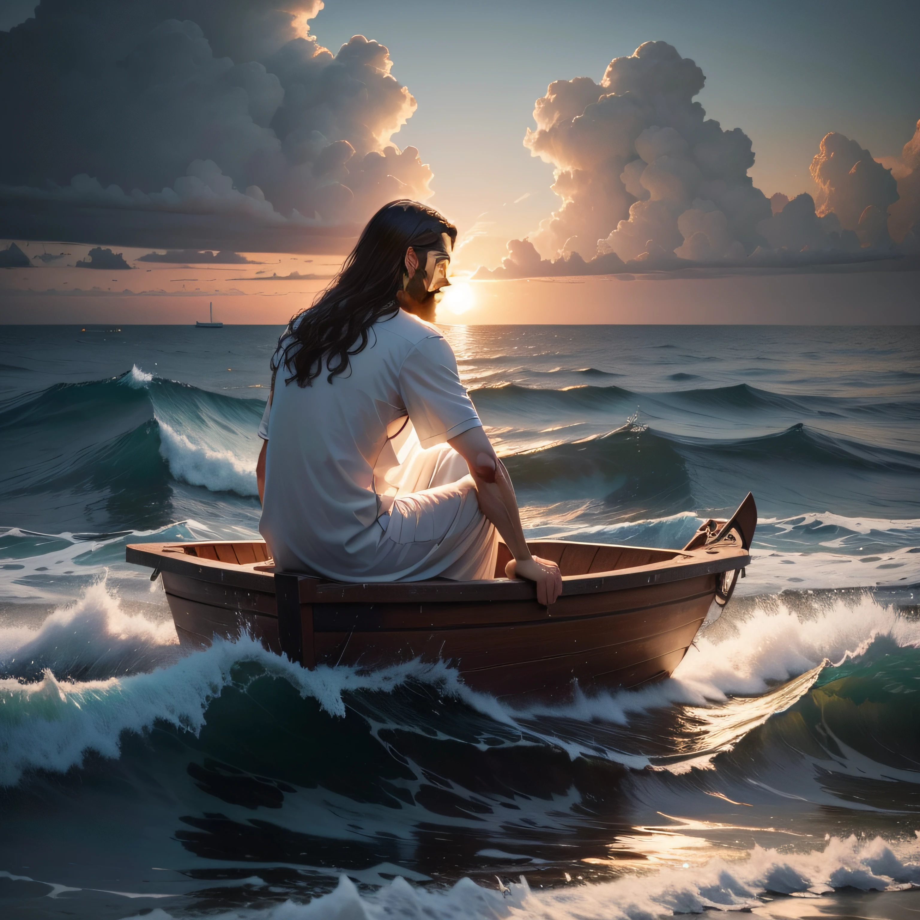 Jesus walking on water on a stormy night, com ondas altas e o vento soprando.
Jesus reaches out to a sinking disciple, while the boat is behind.
Jesus is in the middle of the sea, with the disciples looking at him from afar.
Jesus is on a beach, com o sol se pondo ao fundo.
Jesus is sitting on a stone, olhando para o mar.