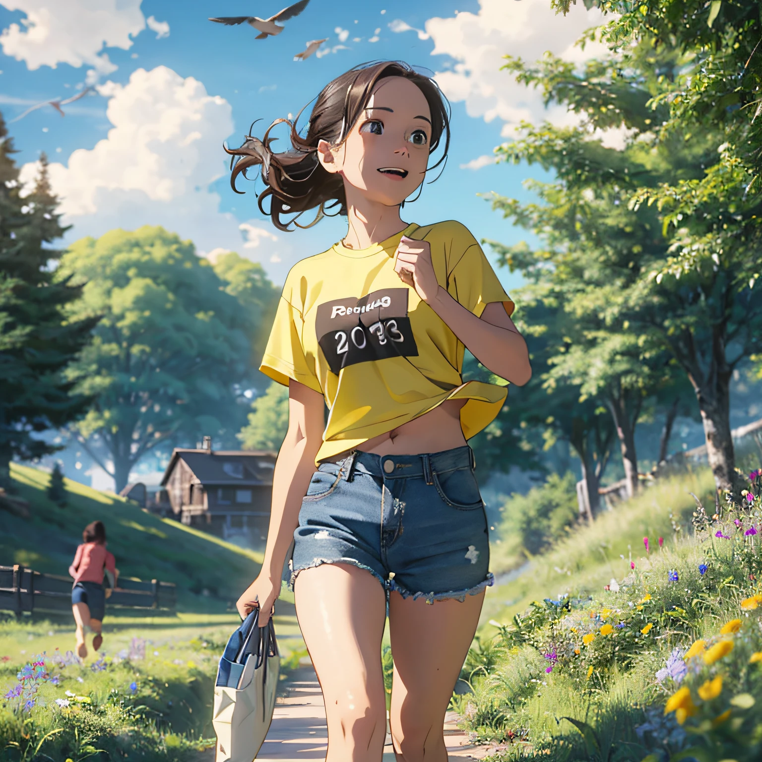 (Best Quality, 8k, 32k, Masterpiece, UHD: 1.2, Ray Tracing: 1.2, Real: 1.2), 1girl, (Side: 1.5), Yellow Short Sleeves, Denim Shorts, Sneakers, (Prairie, Long Range, Running in Prairie: 1.5), Happy, Blue Sky, White Clouds, Meadow, Little Flowers, birds flying in the sky