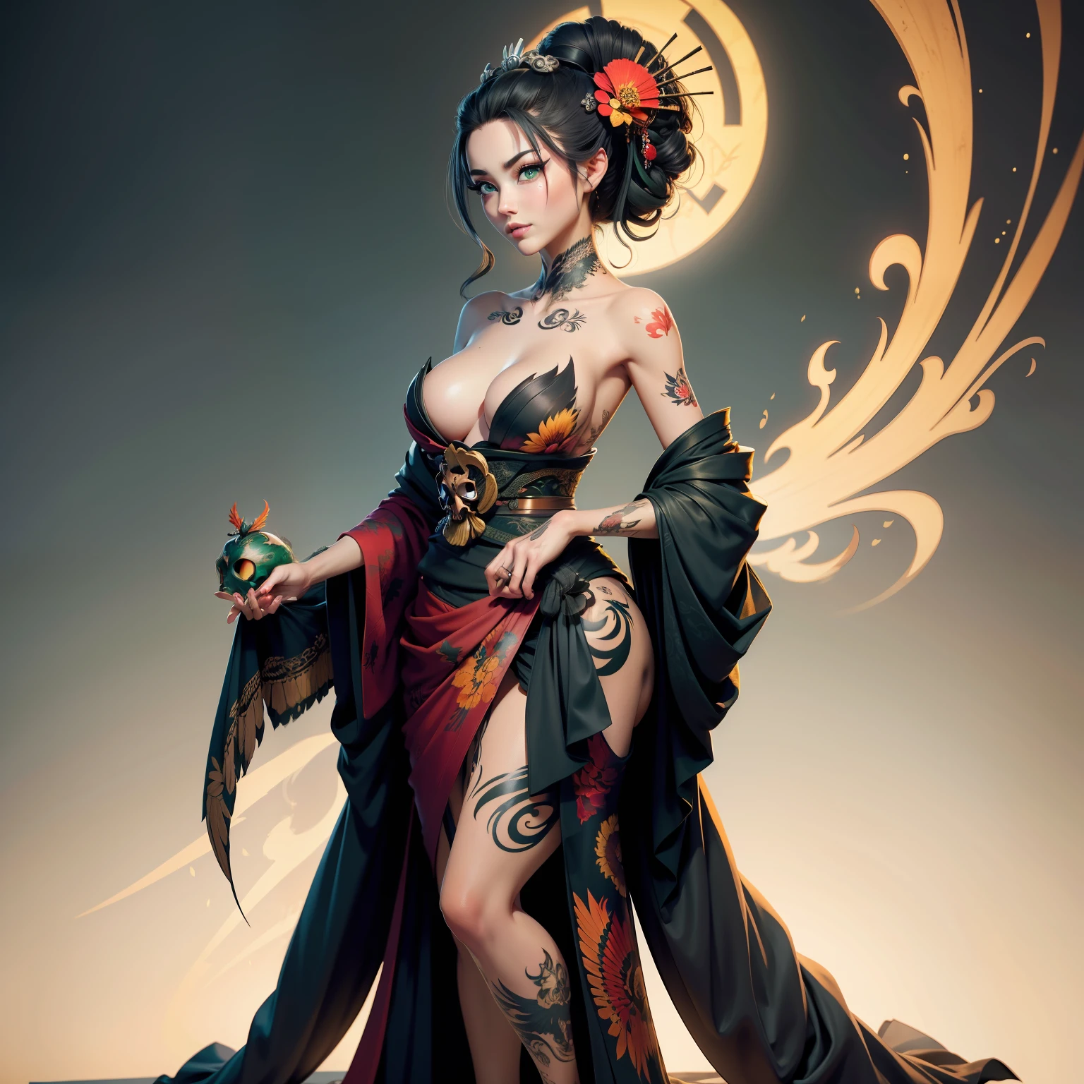 (masterpiece, top quality, best quality, official art, beautiful and aesthetic:1.2), a bird and a beautiful woman, beautiful woman, hone onna skeleton geisha, with geisha tattoo, yakuza tattoo on body, oriental tattoos, highly detailed tattoo, tattoo art, full body tattoo, full - body tattoos, highly detailed full-body art, female beautiful face, beautiful green eyes skull phoenix bird