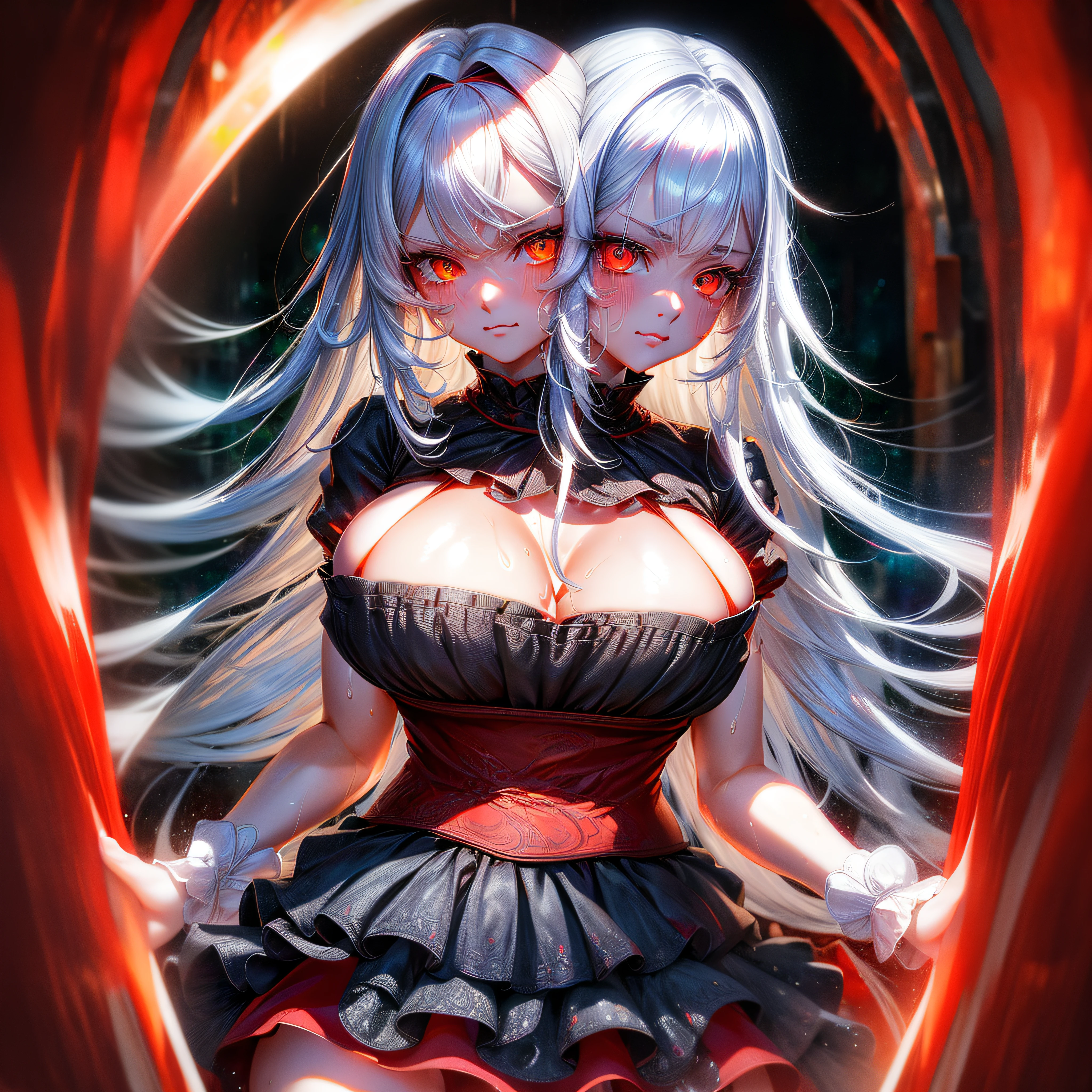 (highly detailed 8k wallpaper), best resolution, (2heads:1.5),anime girl with two heads, white hair, red eye,(masterpiece, top quality, best quality, official art, beautiful and aesthetic:1.2), (1girl:1.3), (fractal art:1.3),absurd, masterpiece, best quality, realistic, hyper-detailed, (shiny skin, sweaty:1.4), looking at viewer, slender, solo, miniskirt, long hair, white hair, red eyes, (thick thighs:0.5), dynamic lighting, high resolution, sharp focus, depth of field, medium breasts, masterpiece, best quality, ultra-detailed, illustration, ultra-detailed face, best quality face, studio, white room backdrop, intricate detailed outfit, sexy pose, cute, kawaii, digital art, finely detailed eyes, blushing, red cheeks, realistic, glowing eyes,  fluffy jumper, skirt,