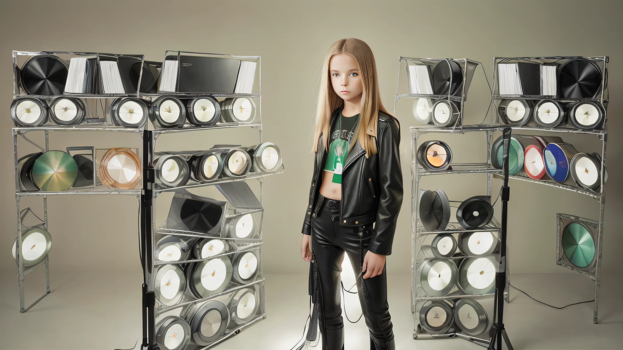 12 year old girl, long blonde straight hair, with black leather jacket and black clothing, in the photographic studio, with white infinite background, GREEN BACKLIGHT with many cds and vinyls on the floor, SOFT GREEN LIGHT.