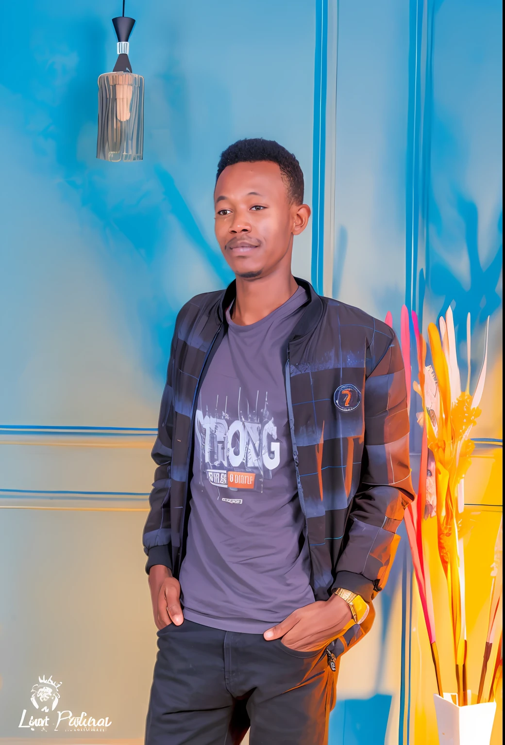 there is a man standing in front of a blue wall, hi mark ( akwaaba tommy ), george pemba, mohamed chahin, emmanuel shiru, absolutely outstanding image, by Ingrida Kadaka, album art, victor ngai, strong contrasts, strong young man, portait image, osborne macharia, photo portrait