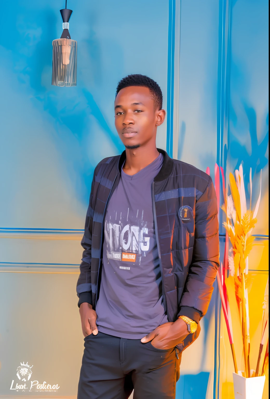there is a man standing in front of a blue wall, hi mark ( akwaaba tommy ), thomas kinkaide, george pemba, mohamed chahin, emmanuel shiru, absolutely outstanding image, by Ingrida Kadaka, album art, victor ngai, strong contrasts, strong young man, portait image, osborne macharia, photo portrait