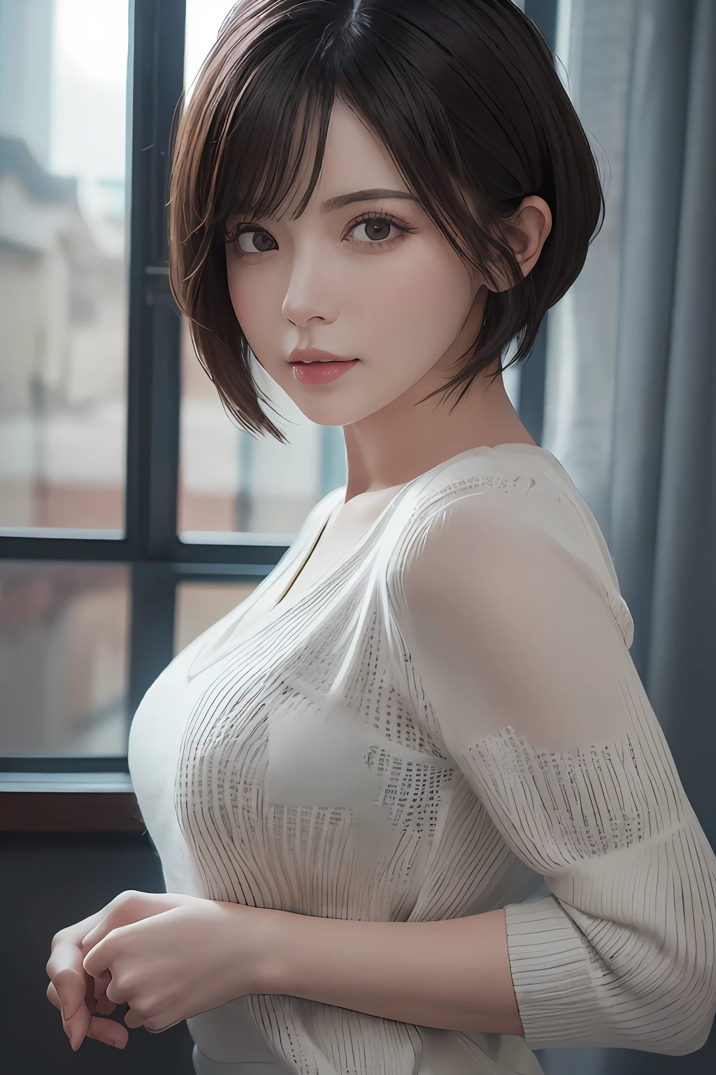 (masuter piece:1.3)、(8k、Photorealsitic、RAW Photography、top-quality: 1.4)、(1girl)、beautiful countenance、(lifelike face)、(A dark-haired、short-hair:1.3)、Beautiful hairstyle、realisticeyes、Beautiful details、(real looking skin)、Beautiful skins、(Sweaters)、absurderes、enticing、超A high resolution、A hyper-realistic、high-detail、the golden ratio、lolita