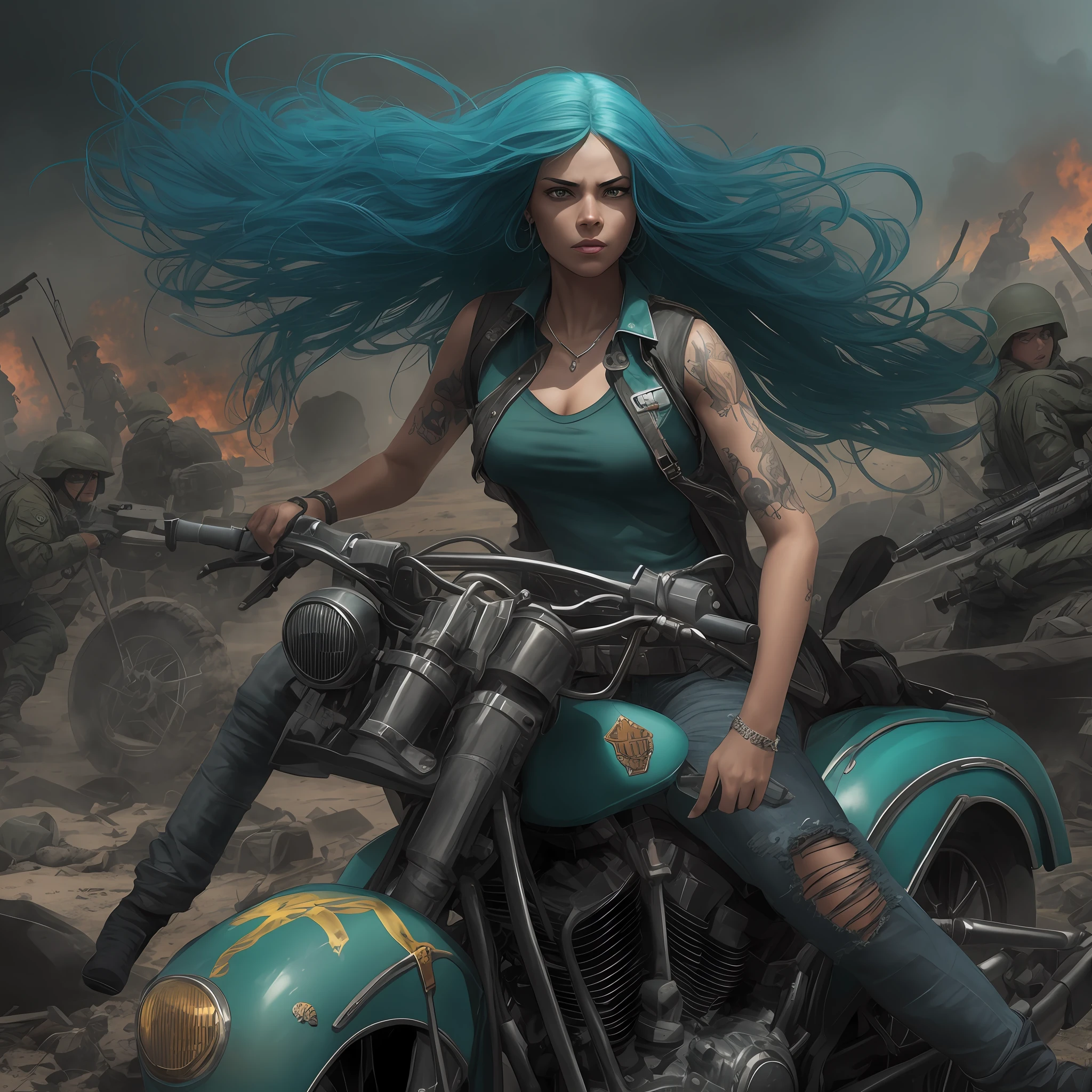 Imagine an epic war scene, where a fearless woman with long blue hair riding a Harley Davidson-style motorcycle is the center of attention. Ela usa uma camisa regata branca rasgada quase mostrando, manchada de sangue, and a worn pants with a military color scheme. The expression on the woman's face reveals her courage, but also a hint of fear. She is loaded with ammunition belts and a pistol on her thigh, pronta para lutar. Ao fundo, The scenery is chaotic, with gunshots and bodies strewn across the ground. Menacing monsters complete the gloomy landscape. A vista frontal captura toda a grandiosidade desse momento, allowing the observer to appreciate the woman's determination and the frightening context of the war.