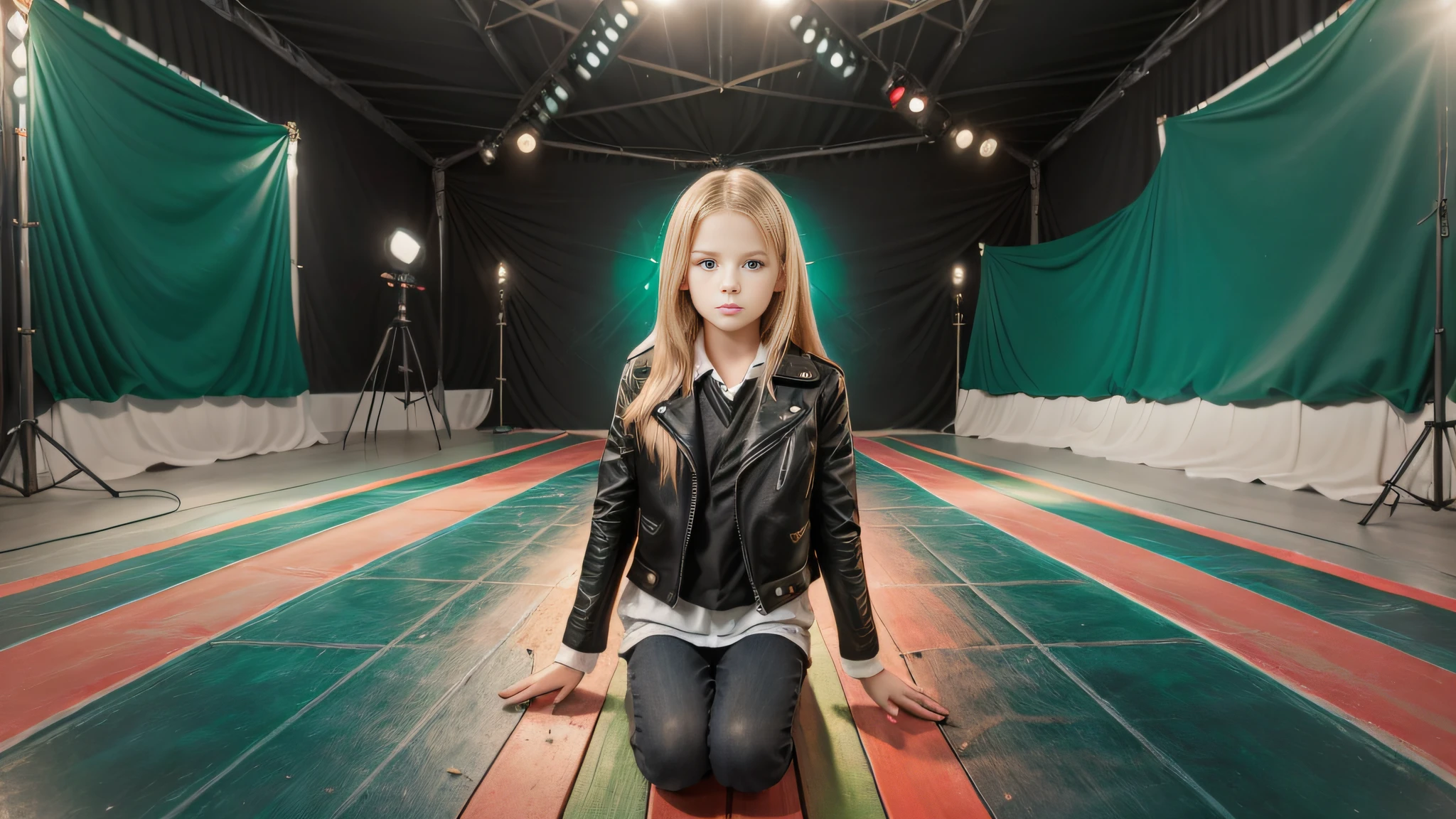 12 year old girl, long blonde straight hair, with black leather jacket and black clothing, in the photographic studio, with white infinite background, GREEN BACKLIGHT with many cds and vinyls on the floor, SOFT GREEN LIGHT.