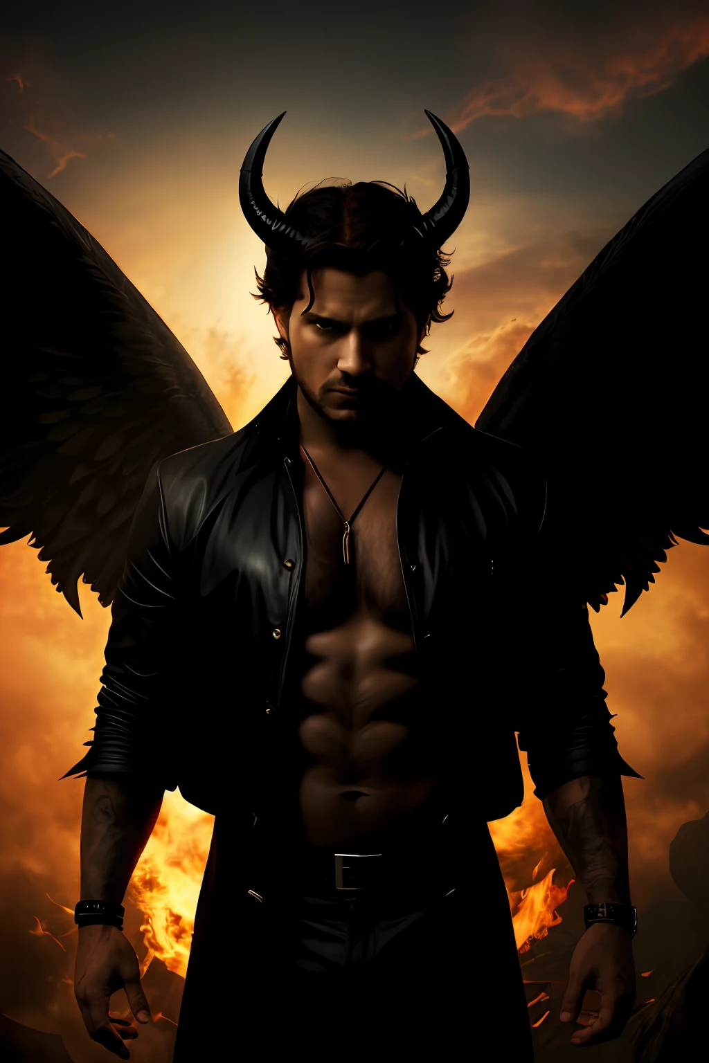 Make the image of a man and a demon.  Man has angel's wings, and the devil has horns.