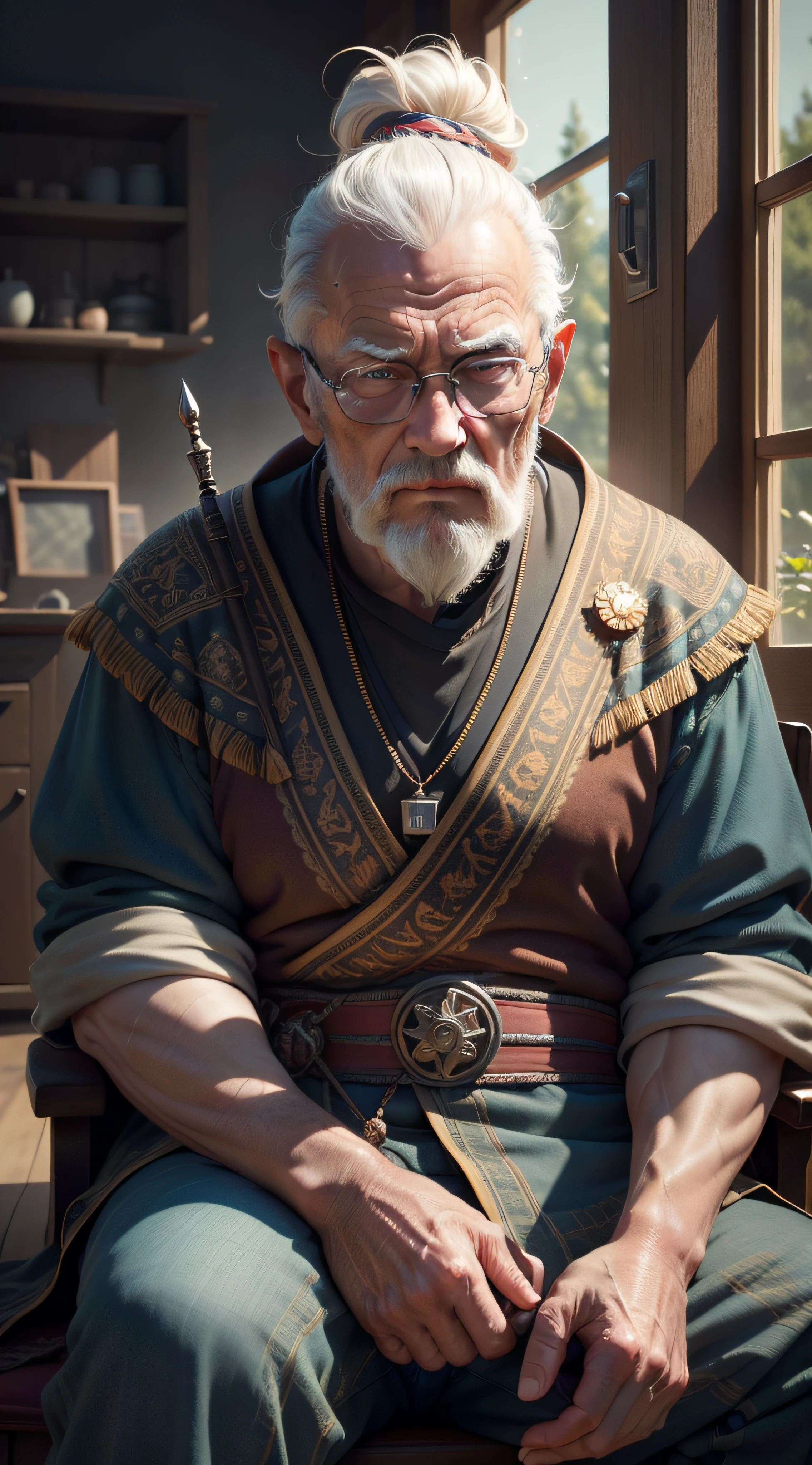 an old man sitting in a universal room, eyes on the camera, Ultra HD, Max Sharpen, 8K, 101K ultra detailed resolution, sf, trending on artstation, focus sharp, studio shot, intricate detail, highly detailed, Ultra Detailed, Ultra HD, Max Sharpen, 8K, 101K ultra detailed resolution, sf, trending on artstation, focus sharp, studio shot, intricate detail, highly detailed