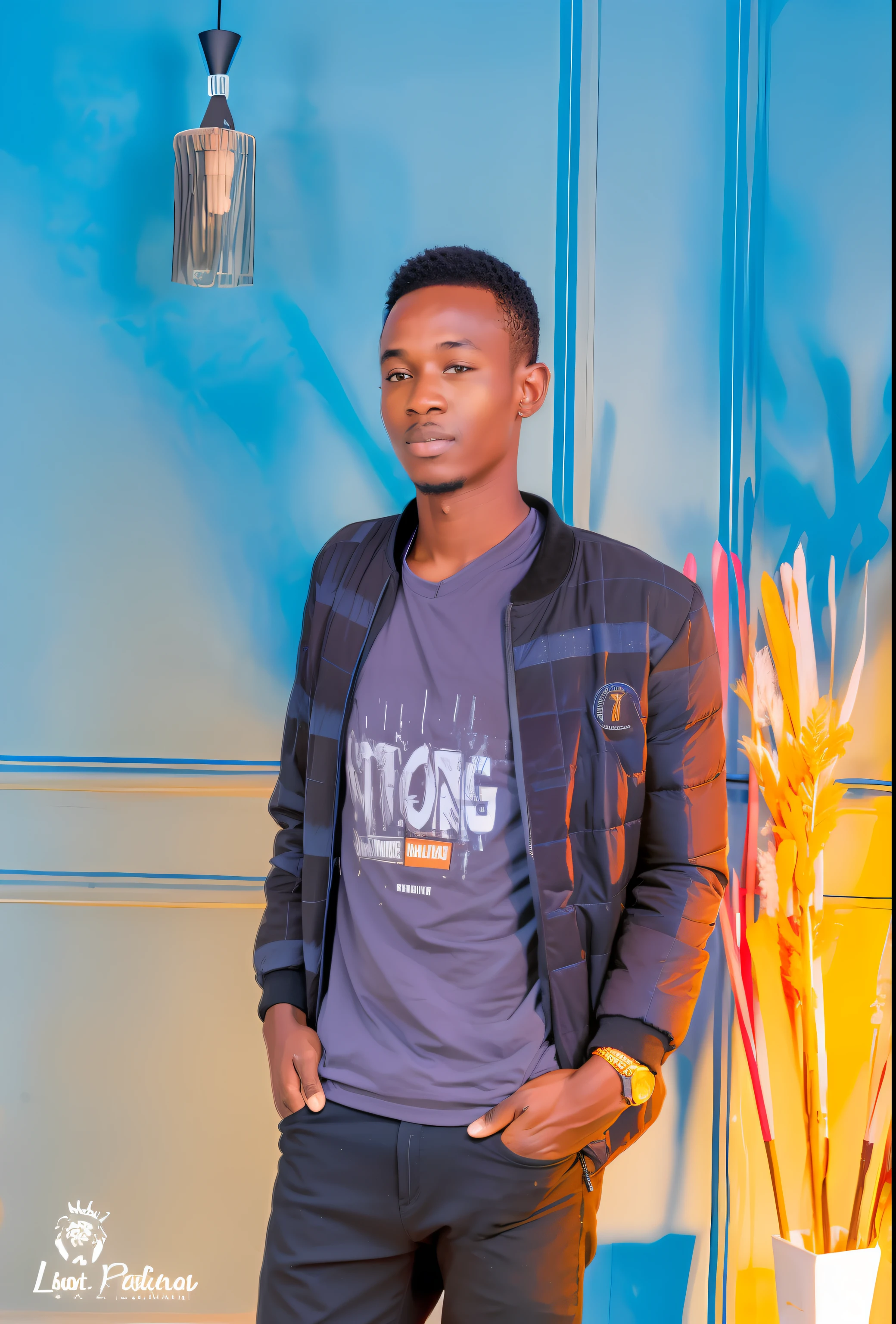there is a man standing in front of a blue wall, hi mark ( akwaaba tommy ), thomas kinkaide, george pemba, mohamed chahin, emmanuel shiru, absolutely outstanding image, by Ingrida Kadaka, album art, victor ngai, strong contrasts, strong young man, portait image, osborne macharia, photo portrait