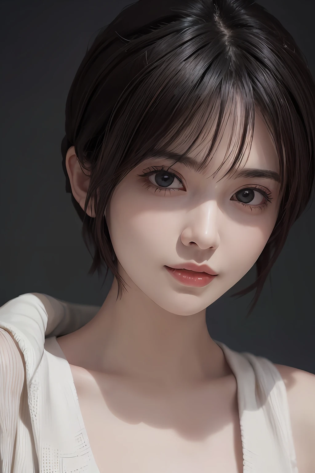 (masuter piece:1.3)、(8k、Photorealsitic、RAW Photography、top-quality: 1.4)、(1girl)、beautiful countenance、(lifelike face)、(A dark-haired、short-hair:1.3)、Beautiful hairstyle、realisticeyes、Beautiful details、(real looking skin)、Beautiful skins、(Sweaters)、absurderes、enticing、超A high resolution、A hyper-realistic、high-detail、the golden ratio、lolita