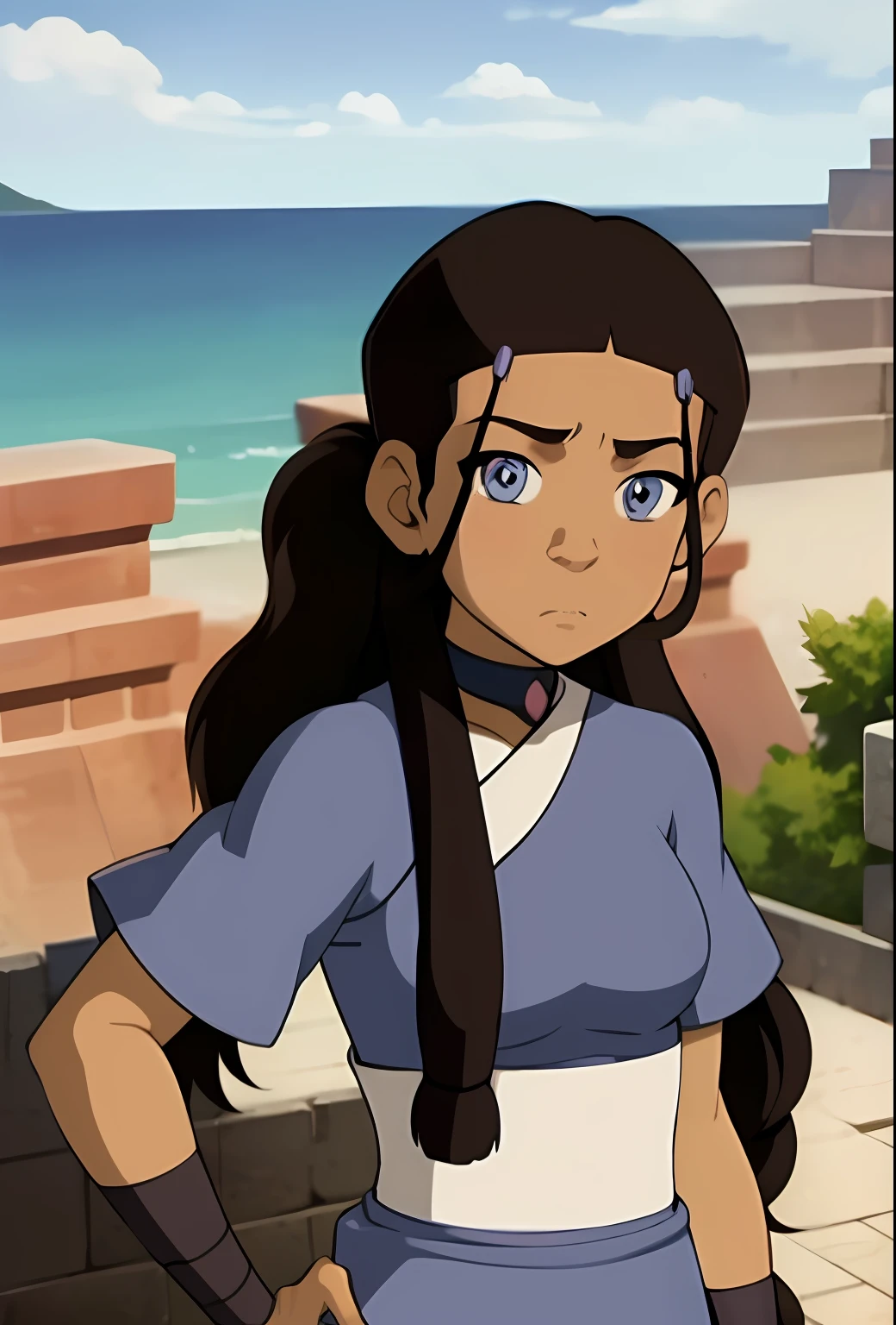 masterpiece, best quality, 1girl, katara, toned, dark skin, jewelry, looking at viewer, upper body, sunshine, sky, cloud, (blue eyes:0.6) dress, fancy, sexy, cute, yandere, medium breast, long hair, queen