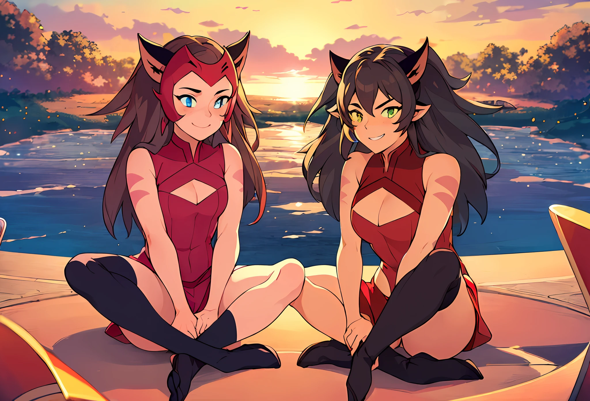 (masterpiece, best quality:1.2), crowd shot, group, 300girls, ((thousands of, crowd of)), sisters, catra, smile, looking at viewer, sitting, crossed legs, heterochromia, colored sclera, sleeveless, bare shoulders, sitting in a row, original characters