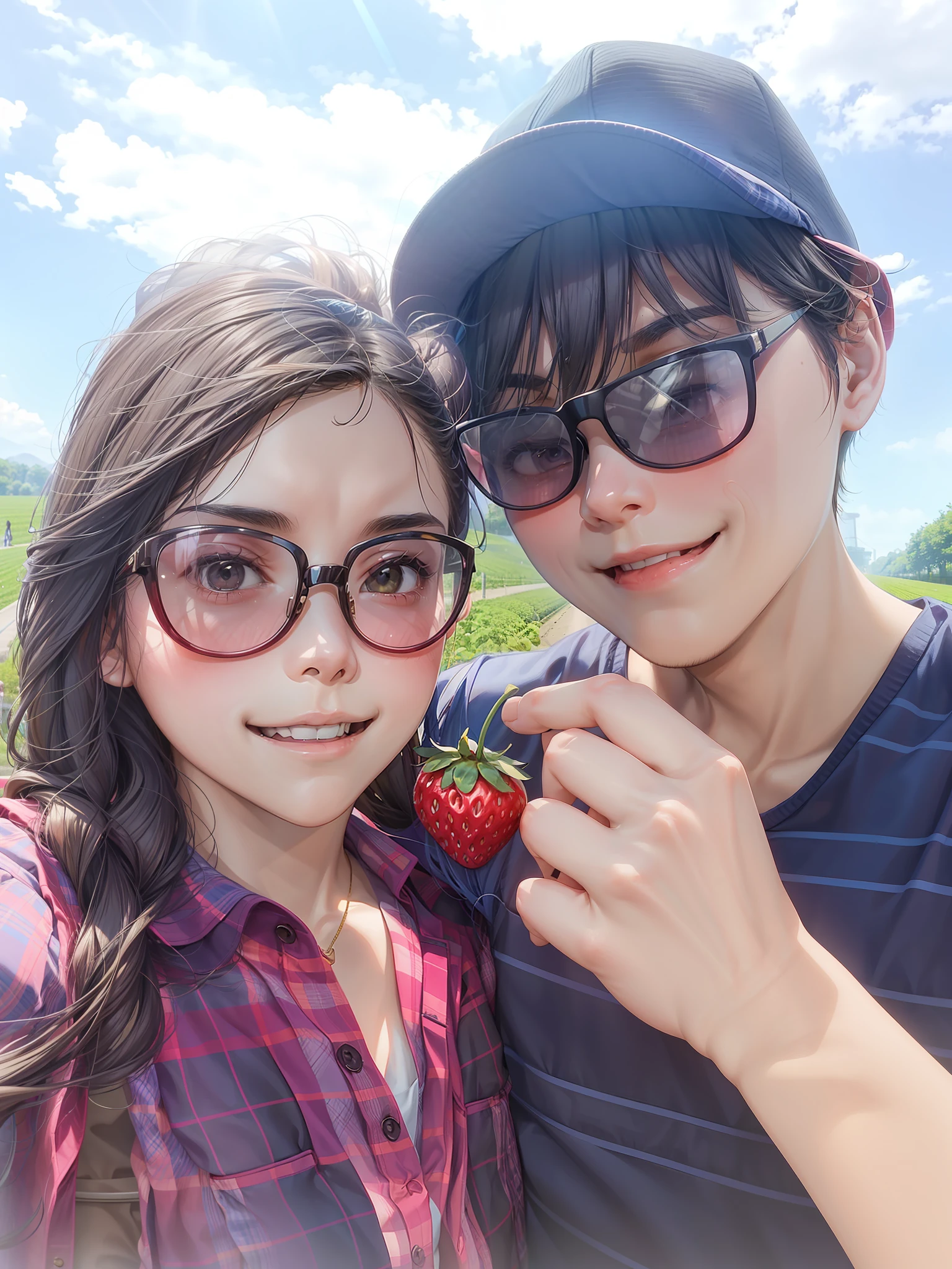 there is a couple posing for a photo, the boy is holding a strawberry in front of the girl's mouth, the girl is tall and slim and wearing a pink plaid shirt and sunlgasses, the boy is wearing a grey hat and sunglasses and shaved, strawberry fields forever, ruan jia and fenghua zhong, lovely couple, summer, sunny