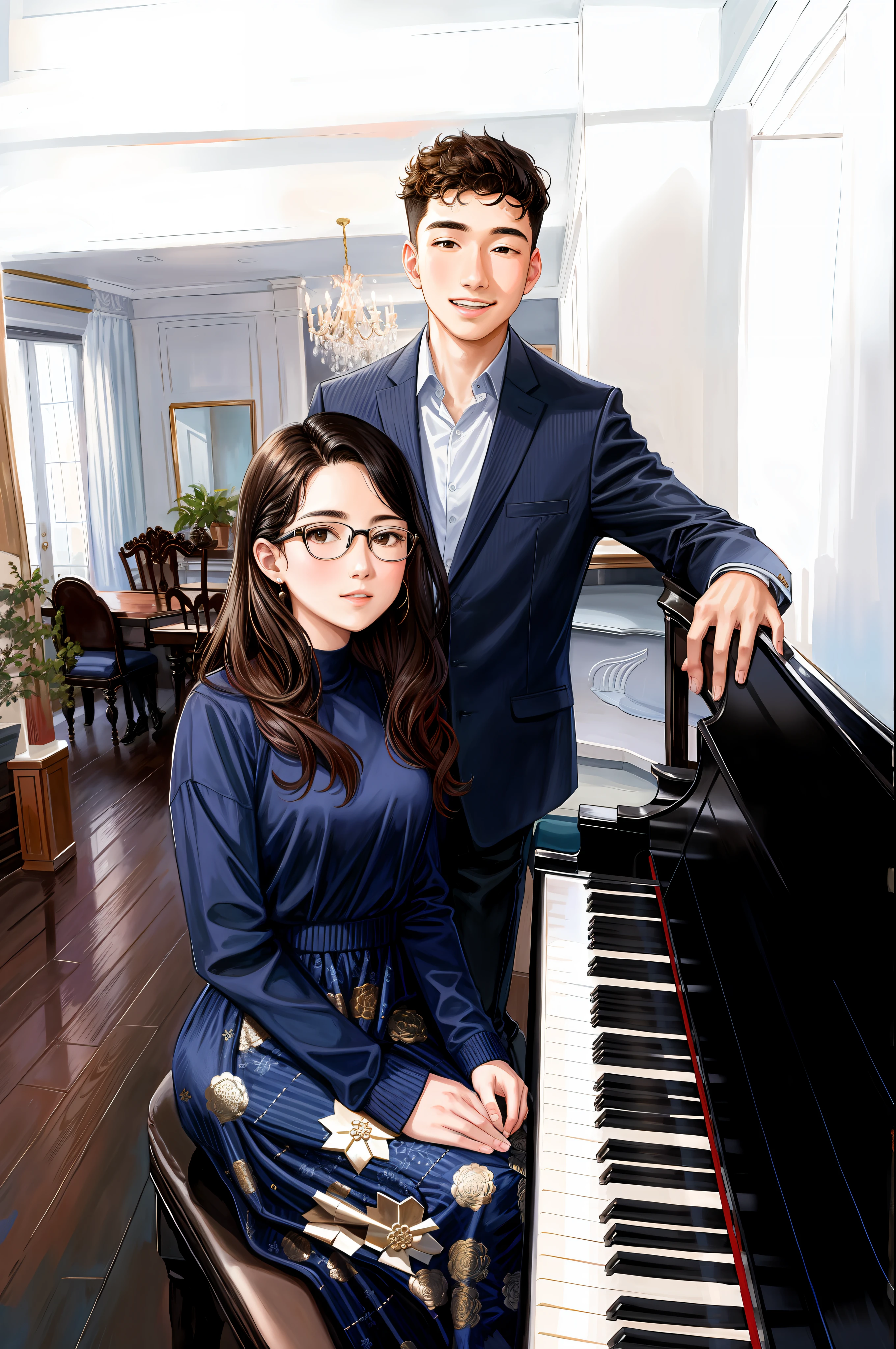 a pretty couple are posing for a picture beside a piano, the girl is wearing a navy long sleeved dress and wearing glasses, the girl is wearing glasses, the girl is tall and slim with long wavy brown hair, the girl is sitting on a piano bench, the boy is not wearing glasses, the boy is wearing a dark navy blazer and blue shirt underneath, the boy is standing beside the girl and placed his left hand on the piano, the boy is not wearing glasses and has short black hair, portrait of two people, chairs and dining table in background