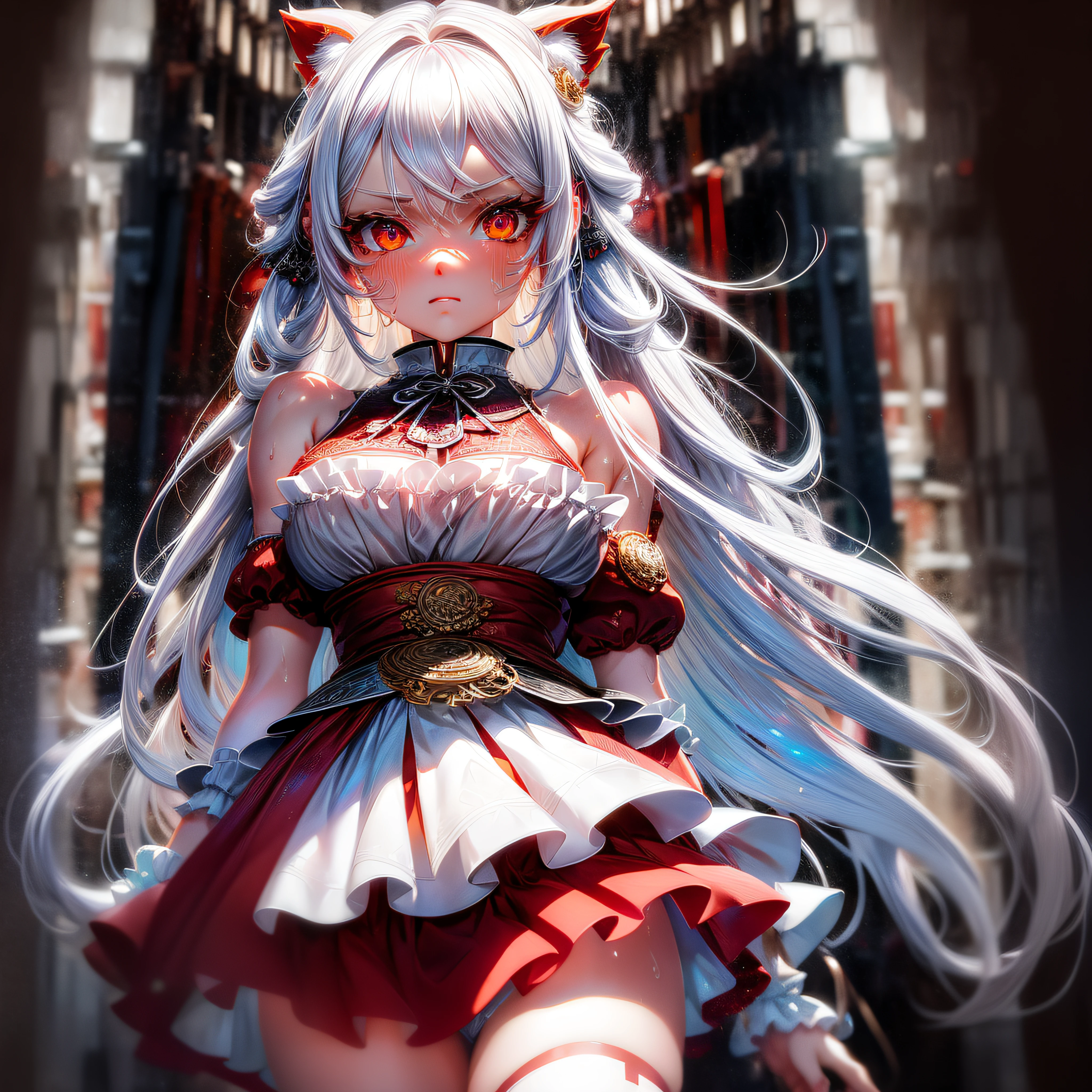 (highly detailed 8k wallpaper), best resolution, (2heads:1.5),anime girl with two heads, white hair, red eye,(masterpiece, top quality, best quality, official art, beautiful and aesthetic:1.2), (1girl:1.3), (fractal art:1.3),absurd, masterpiece, best quality, realistic, hyper-detailed, (shiny skin, sweaty:1.4), looking at viewer, slender, solo, miniskirt, long hair, white hair, red eyes, (thick thighs:0.5), gap in between thighs, dynamic lighting, high resolution, sharp focus, depth of field, medium , masterpiece, best quality, ultra-detailed, illustration, ultra-detailed face, best quality face, studio, white room backdrop, intricate detailed outfit, sexy po cute, kawaii, digital art, finely detailed eyes, blushing, red cheeks, realistic, glowing eyes, fluffy jumper, skirt,