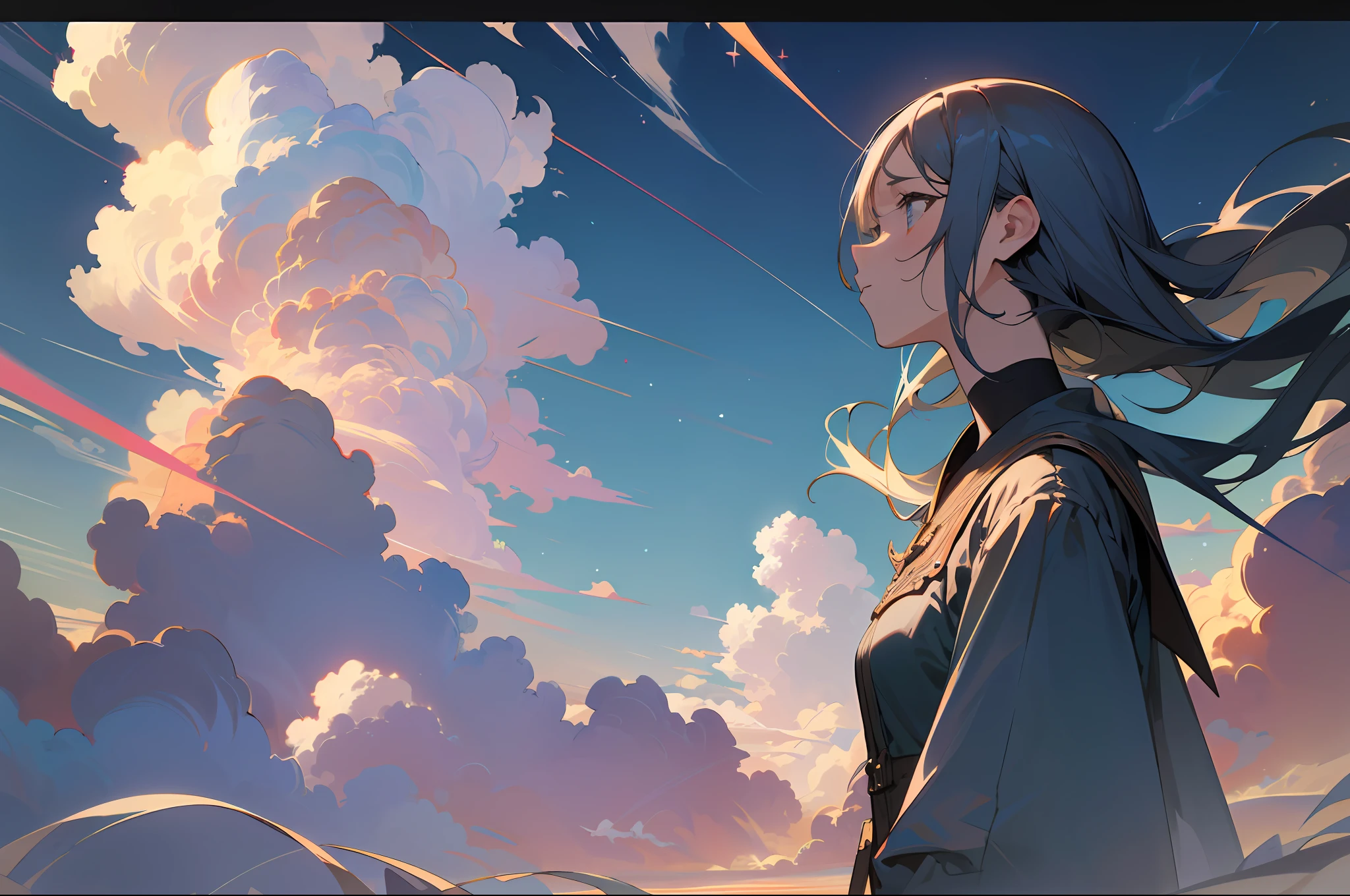 absurdres, highres, (official art, beautiful and aesthetic:1.2), close view,
shining sky, vast world, girl, gazing, awe-inspiring expression, distant horizon, clouds, high hill, natural beauty, inspiration, light effects,