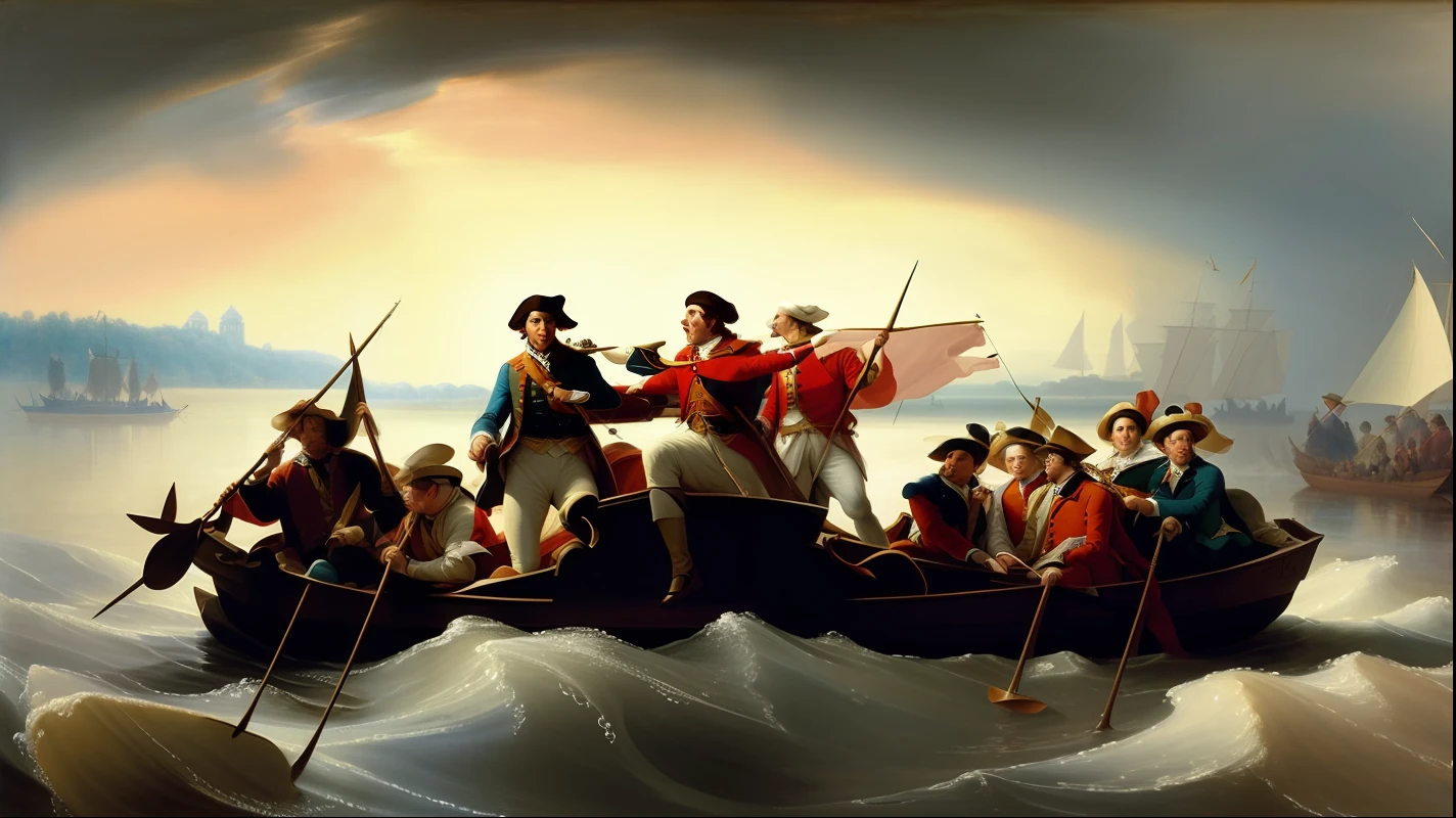 arafed painting of a group of people in a boat on a body of water, inspired by John Trumbull, washington crossing the delaware, by John Trumbull, inspired by John Singleton Copley, history painting, historical painting, historical artworks, inspired by Charles Willson Peale, hystorical painting, by John Singleton Copley, inspired by Benjamin West