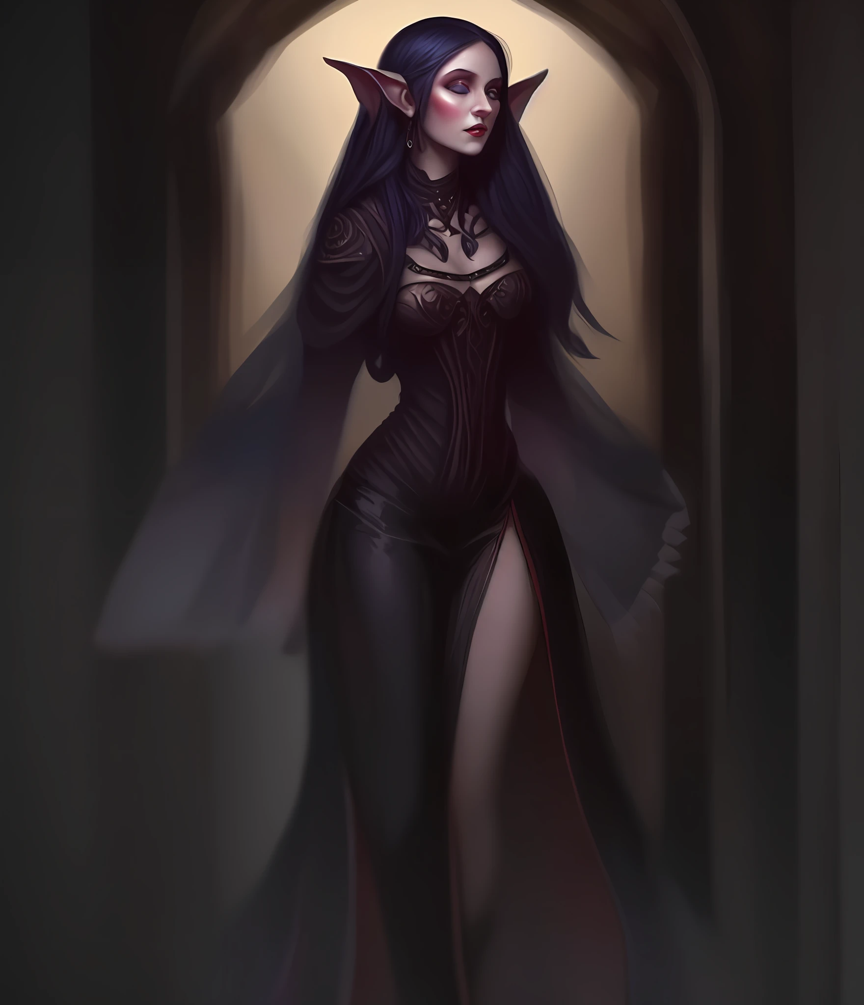um desenho de uma mulher com longos cabelos pretos e um vestido escuro, bela condessa elfa escura, arte de estilo fantasia escura, Retrato de uma rainha elfa, Retrato de um feiticeiro elfo feminino, princesa elfo escuro, Donzela elfa negra, no estilo da arte da fantasia sombria, succubus | medieval, retrato de fantasia escura, retrato de fantasia fosco detalhado, Gothic fantasy art, elfo bonito com vestes ornamentadas