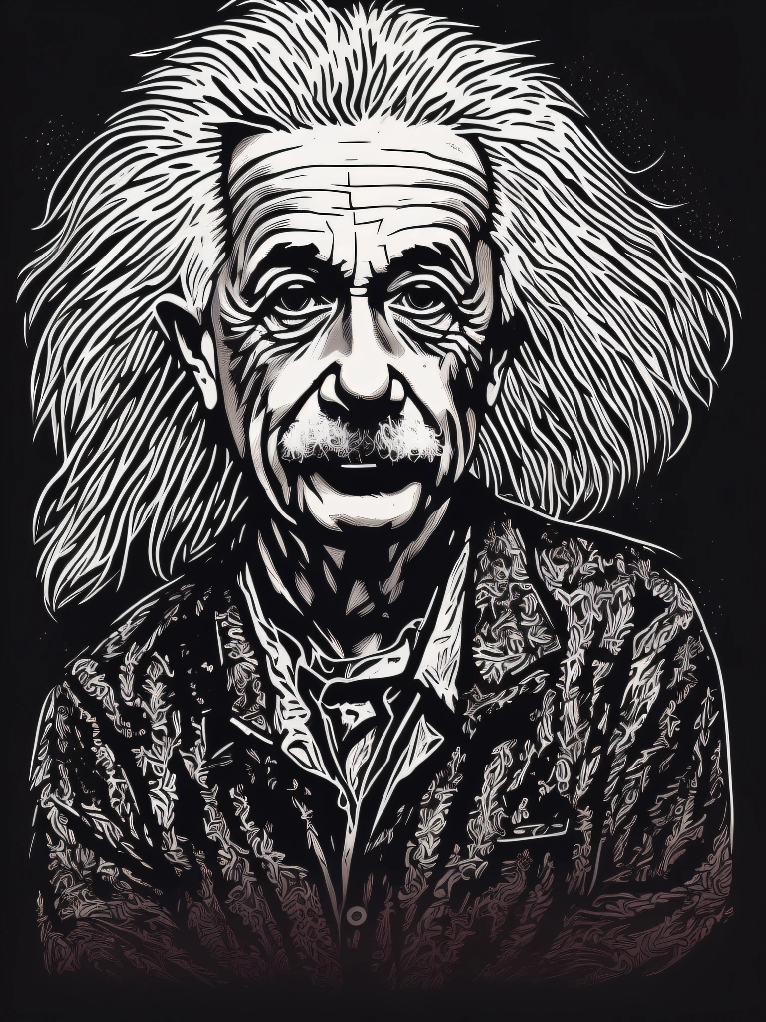 albert einstein, t-shirt art, 2D, ((black background :1, 5)), vector, vivid colors, masterpiece, best quality, intricate details, perfect symmetrical face, realistic details, gothic theme, rim light, moonlight, cinematic shading, Greg Rutkowisk
